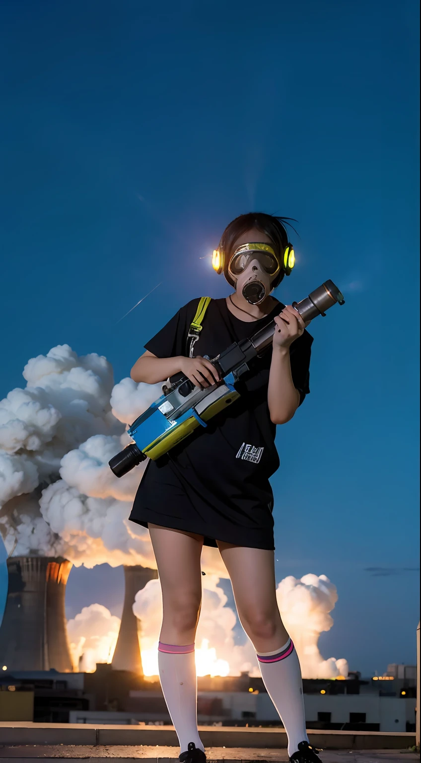 Riot, nuclear power plant on background, terrorist group, fluorescent headgear, short hair, blue hair, firing from flamethrower, middle school girl, 14 years old, gas mask, high socks, rooftop at night, city on the background is burning
