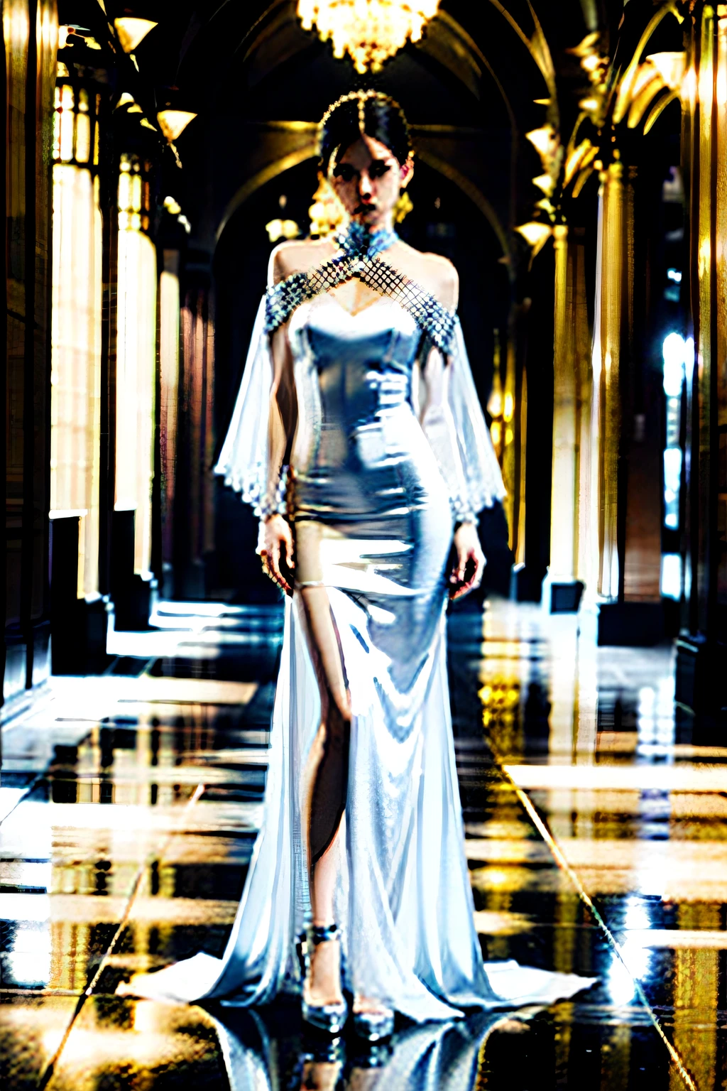 A beautiful tall thin woman is wearing silk dress with transparent and diamond grid elements. She is standing on the flexible floor.