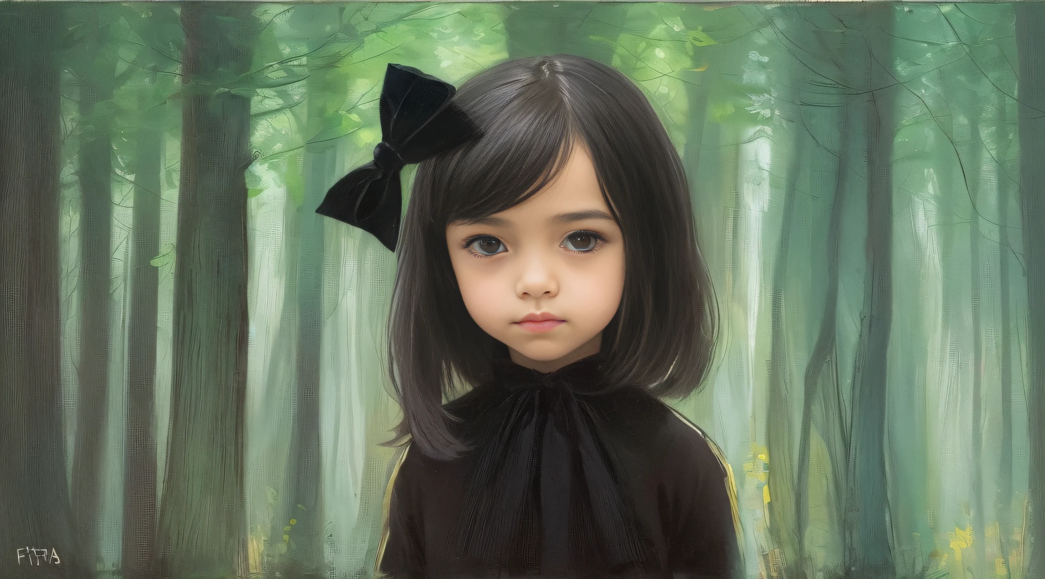 CHILD girl with a black bow and a black dress and TURTLE . , com cabelo castanho escuro, meninaabelo castanho, fitas de cabelo preto, uma bela adolescente-idade, wearing hair bow, menina jovemlo castanho e olhos grandes, foto de meio comprimento,