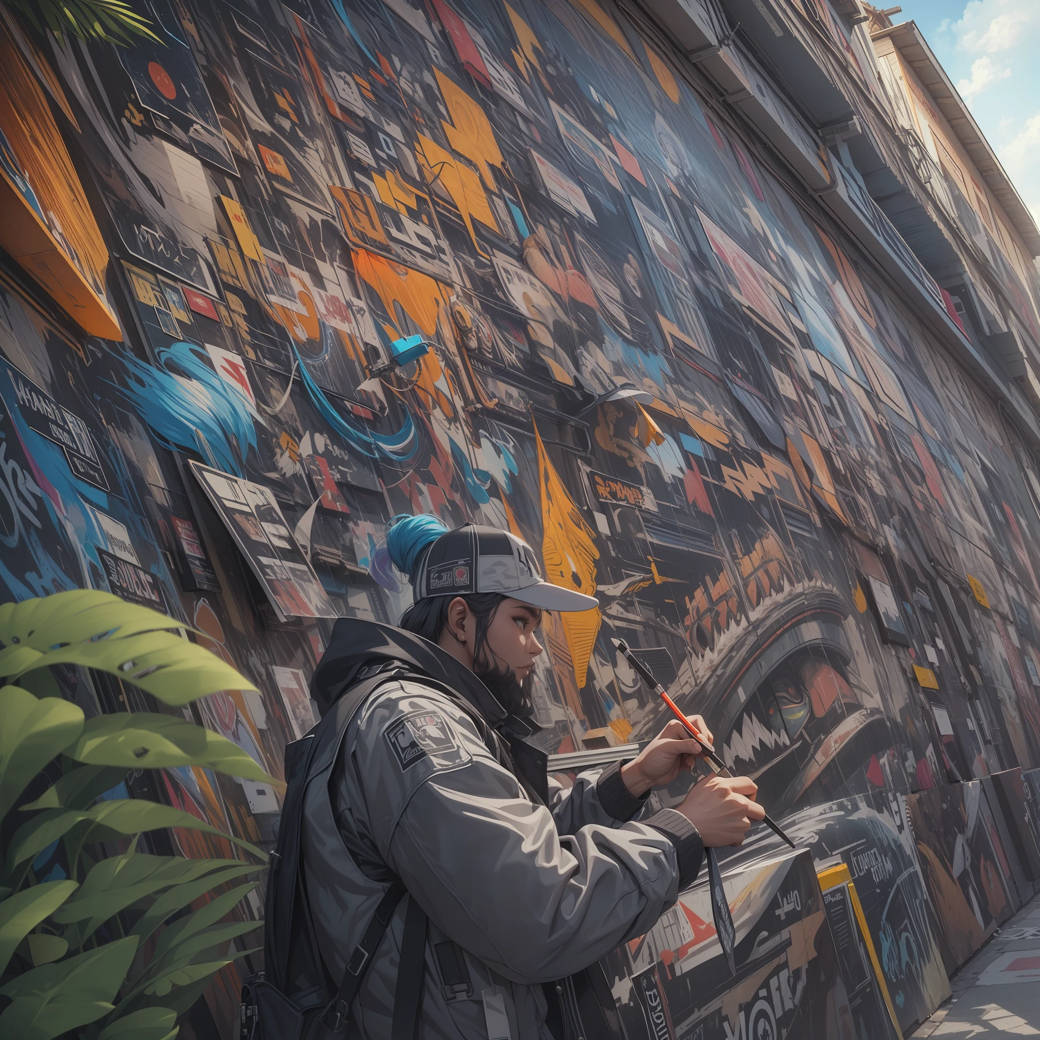 high details, best quality, 8k, [ultra detailed], masterpiece, best quality, (extremely detailed), dynamic angle, RAW, photorealistic, a picture of a graffiti artist painting a graffiti of  jungle (1.4 intricate details, Masterpiece, best quality)  graffiti artist painting on a wall in an futuristic street (1.4 intricate details, Masterpiece, best quality), dynamic angle, (1.4 intricate details, Masterpiece, best quality) 3D rendering, high details, best quality, highres, ultra wide angle
