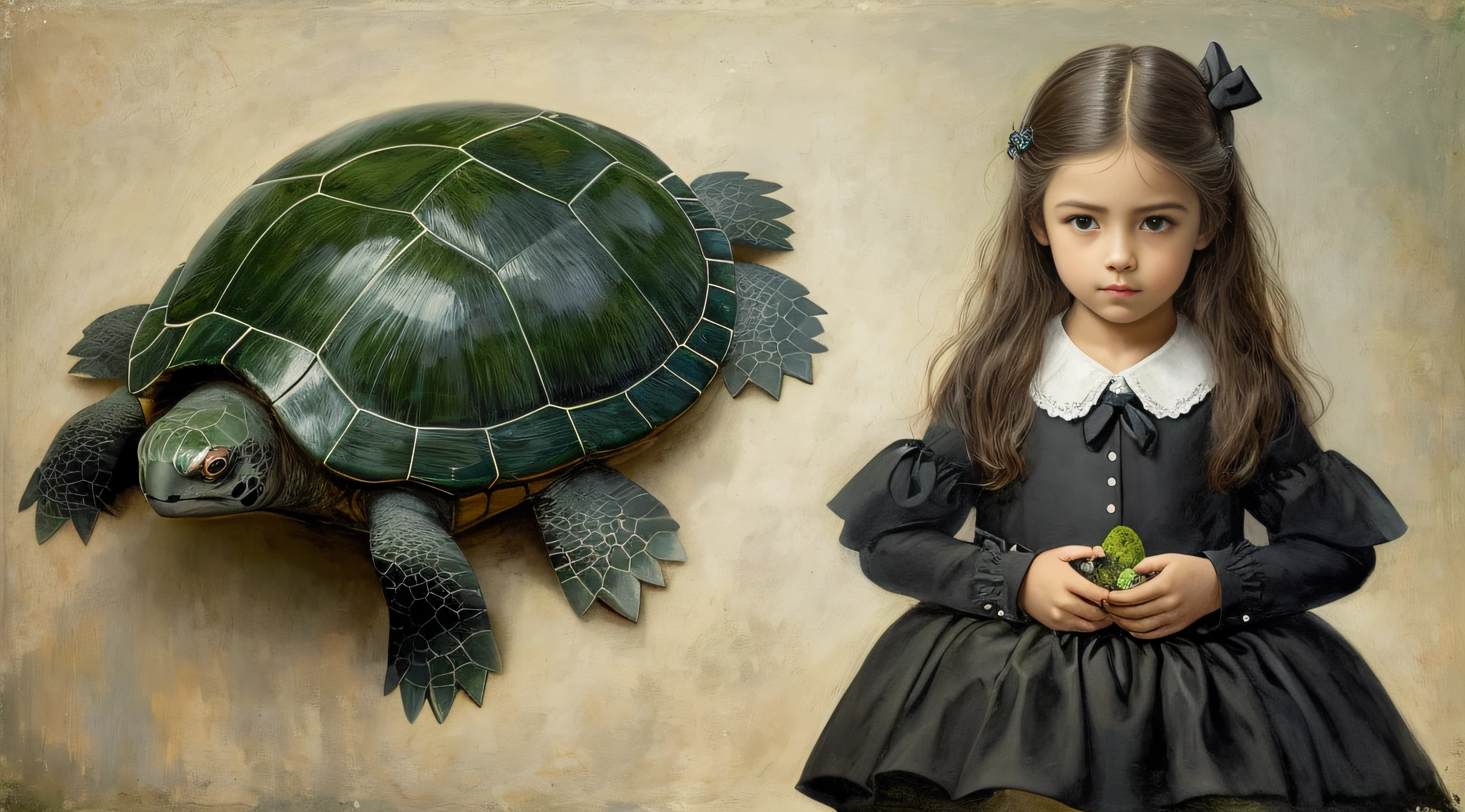 CHILD girl with a black bow and a black dress and TURTLE . , com cabelo castanho escuro, meninaabelo castanho, fitas de cabelo preto, uma bela adolescente-idade, wearing hair bow, menina jovemlo castanho e olhos grandes, foto de meio comprimento,
