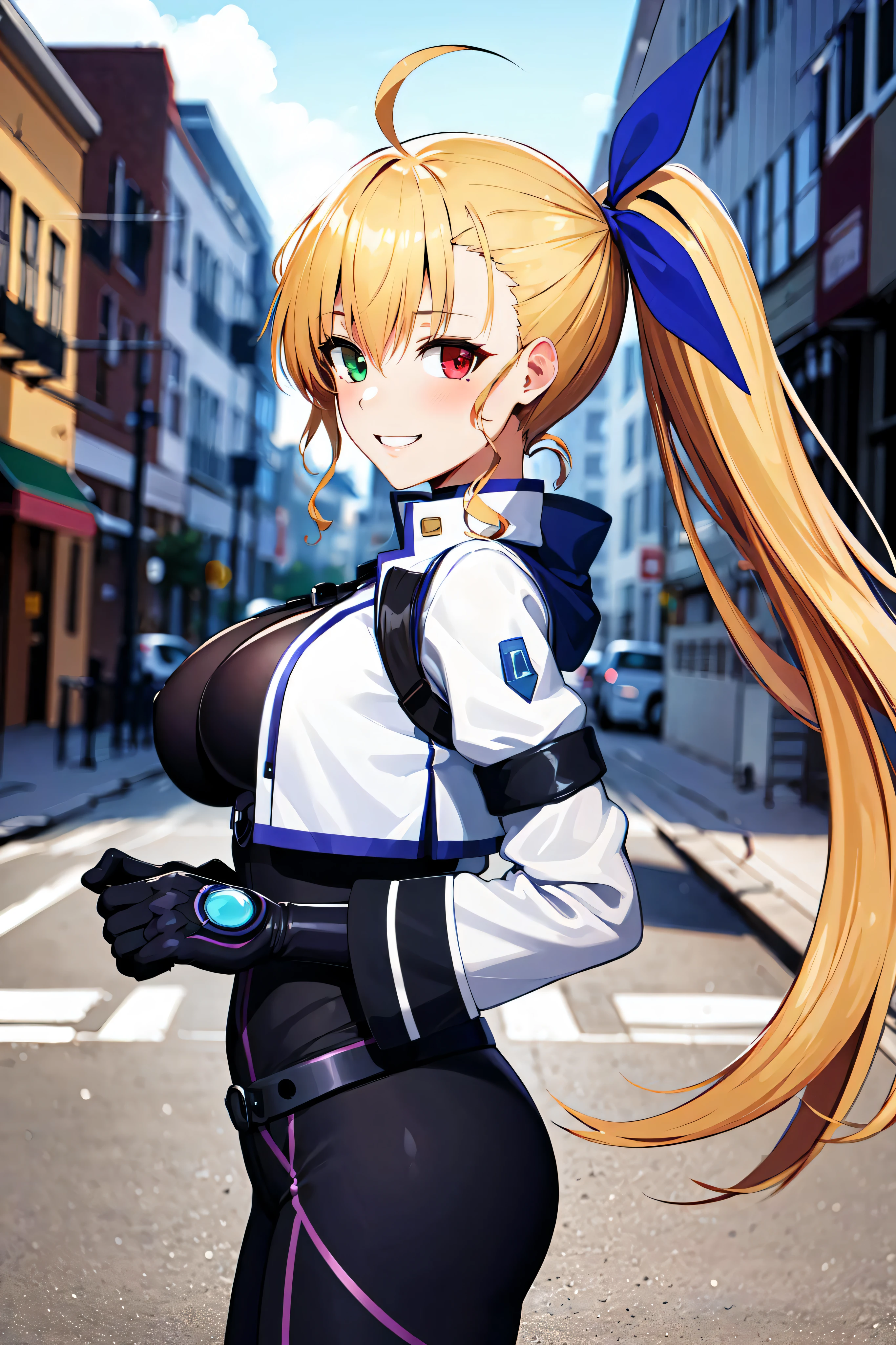 masterpiece, best quality, highres, 1girl, vivio1, heterochromia, ribbon, gloves, large breasts, ahoge, black_bodysuit, white jacket, cowboy shot, from side, street, building, smile, day,