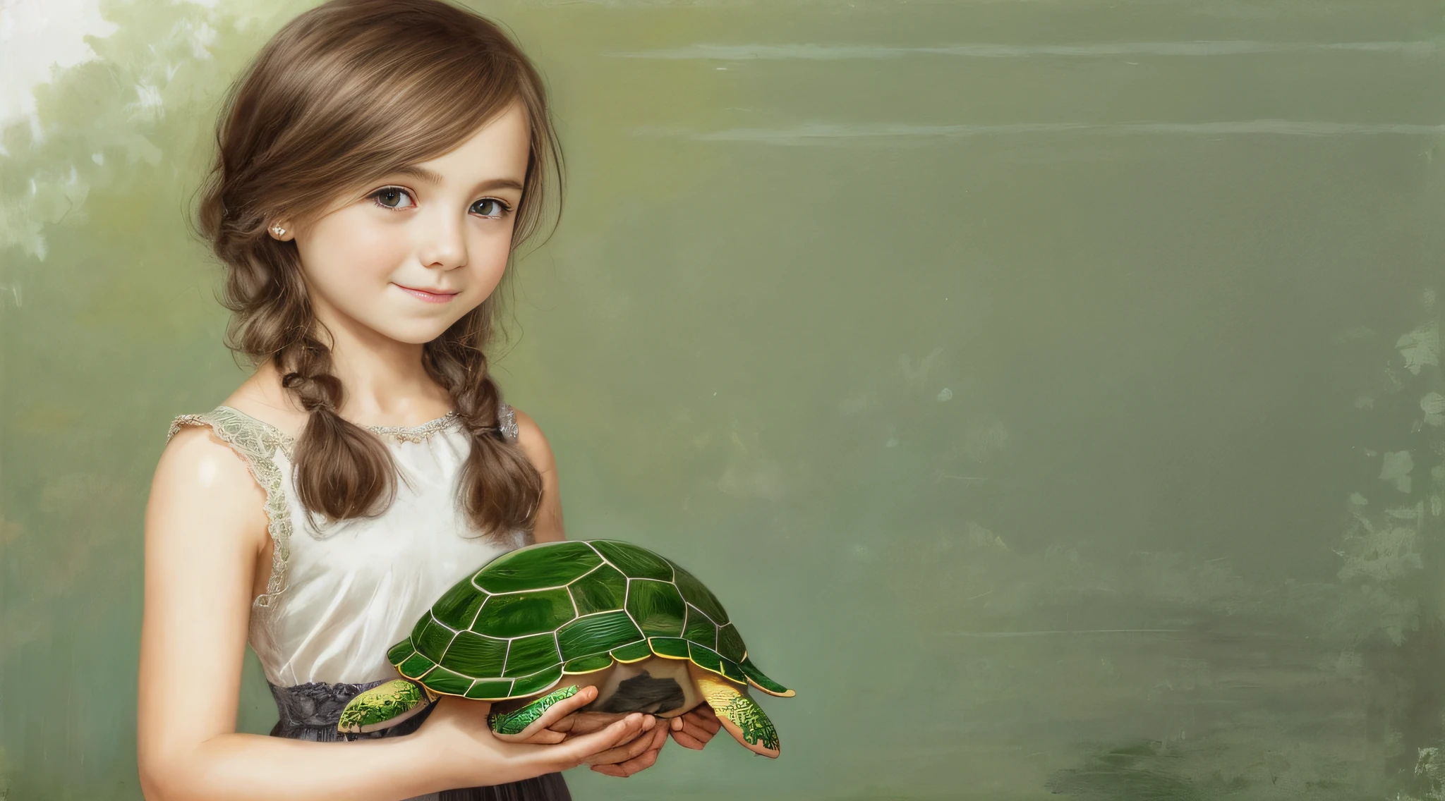 CHILD girl with a black bow and a black dress and TURTLE . , com cabelo castanho escuro, meninaabelo castanho, fitas de cabelo preto, uma bela adolescente-idade, wearing hair bow, menina jovemlo castanho e olhos grandes, foto de meio comprimento,