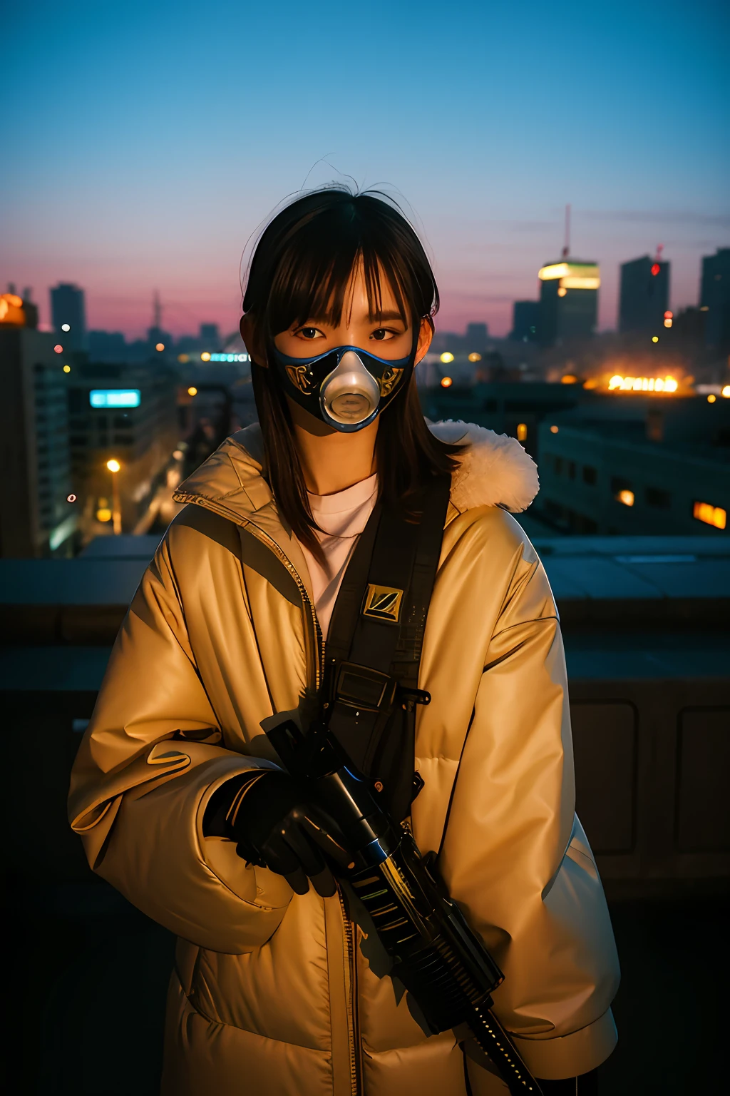 middle school girl、14years、Large gas mask、fur-coat、dictator、Big dragon tattoo、Tattoos all over the body、Glowing headgear、On the rooftop、Huge background is a neon sign、Leather gloves、long boots、Holding a Japan sword、Baseball armor、insurrection、Nuclear power plant in the background、Terrorist groups、Fluorescence Headgear、short-haired、bleu hair、Ignite fire from a flamethrower、middle school girl、14years、gas masks、high socks、Rooftop at night、City on fire in the background