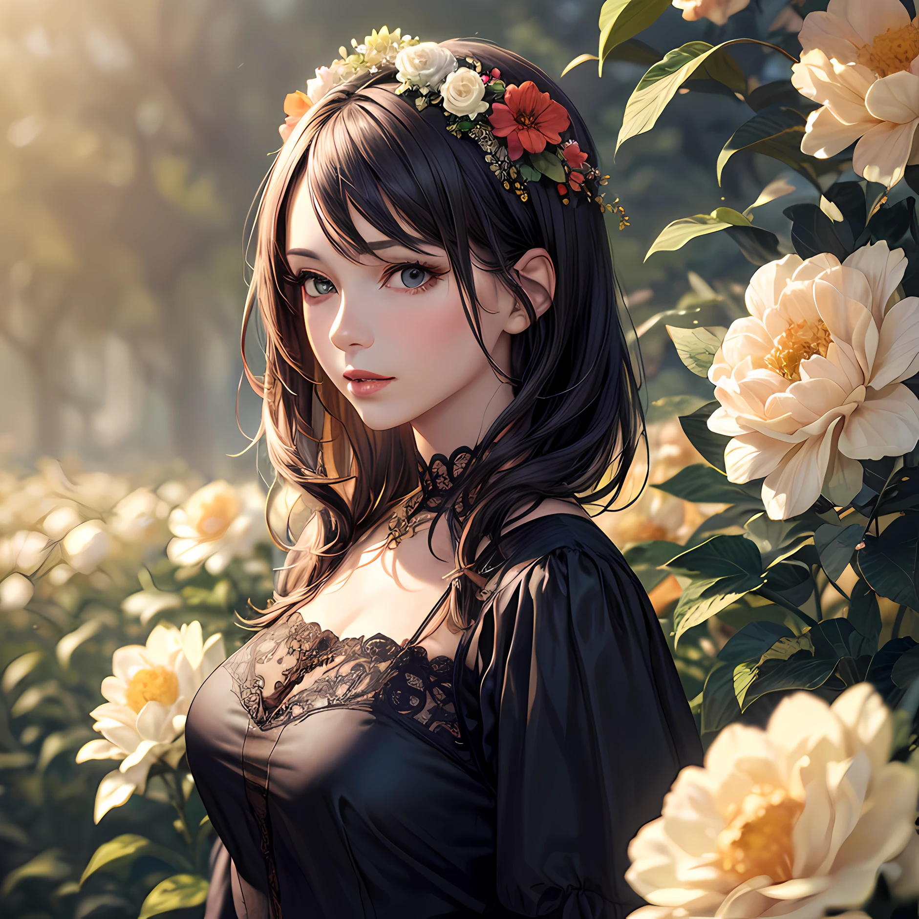 (masterpiece, best quality), photorealistic illustration, mature woman, flower dress, colorful, darl background,flower armor, complementary colors theme,