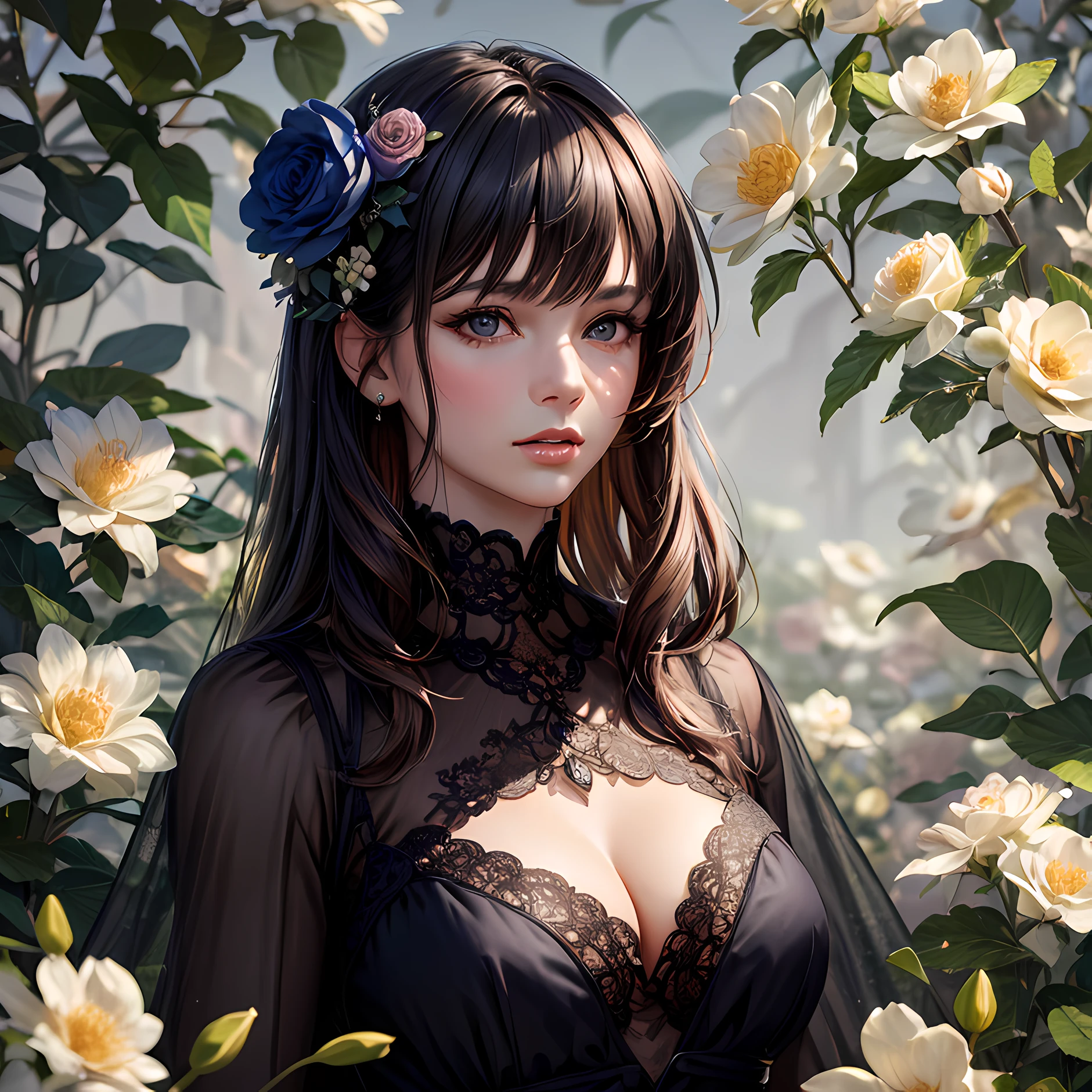 (masterpiece, best quality), photorealistic illustration, mature woman, flower dress, colorful, darl background,flower armor, complementary colors theme,