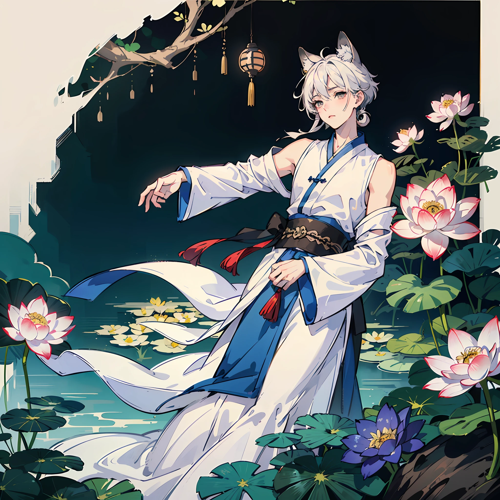 ((4k,masterpiece,best quality)), shuimobysim, Traditional chinese painting, lotuses, Hanfu, maxiskit, Dress open 1 boy, 独奏, White hair, fox ear, white colors, The fish, lots of fish near the boy, Just look at the audience,Tease oneeshota,Shoulders exposed --auto