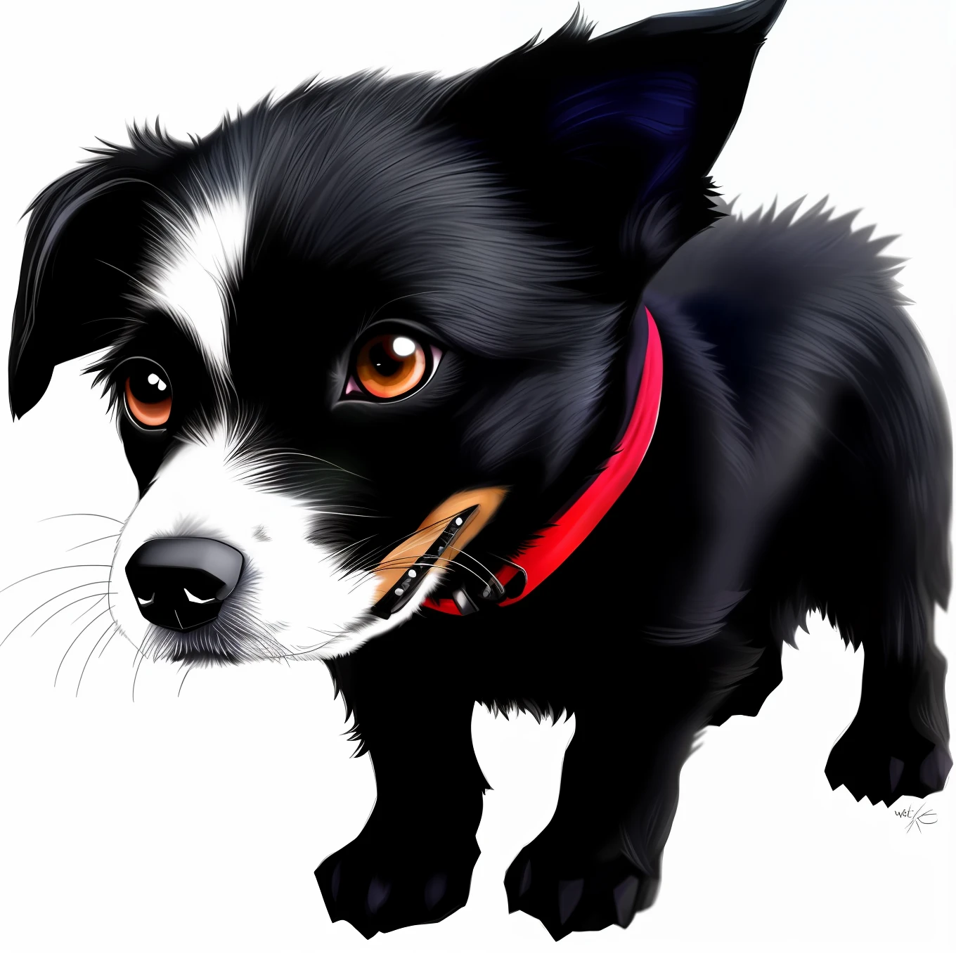 Buffy the Vampire Slayer a cute little black fured doggy, high detailed fur, black and white pencil sketch, detailed colored eyes, by gen and ai, trendig on artstation
