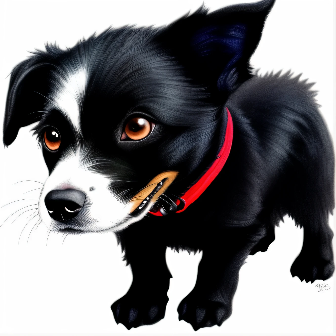 Buffy the Vampire Slayer a cute little black fured doggy, high detailed fur, black and white pencil sketch, detailed colored eyes, by gen and ai, trendig on artstation