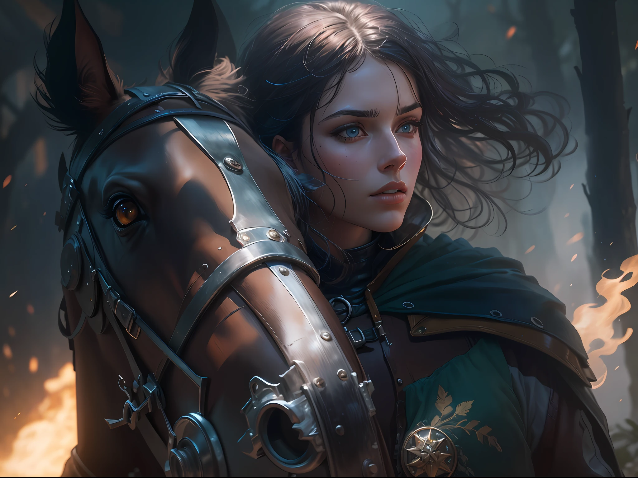 Close-up of a female portrait of a medieval knight, sitting on horseback in the woods, dramatic sky, sharp-focus, Leds, Smoke, artillery, sparks, Rack, System Unit, motherboard, Pascal Blanche Rutkowski Repin ArtStation Hyperrealism Painting Concept Art Detailed Character Design Matte Painting, Blade Runner with 4K resolution