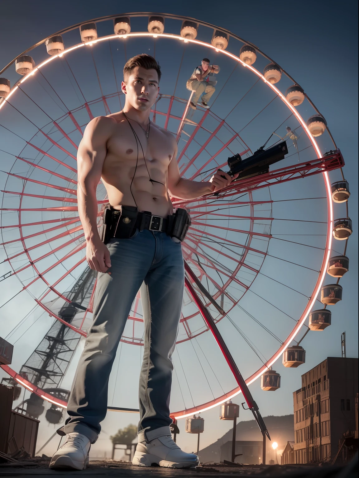 (masterwork) Very high quality, Full body shot, Super detailed shooting, Resident Evil setting, Male clergy, Medics and injured male topless police officers sit on a Ferris wheel at a ruined amusement park, 32K resolution, Best quality, Dynamic pose, actionpose, Surreal and charming.