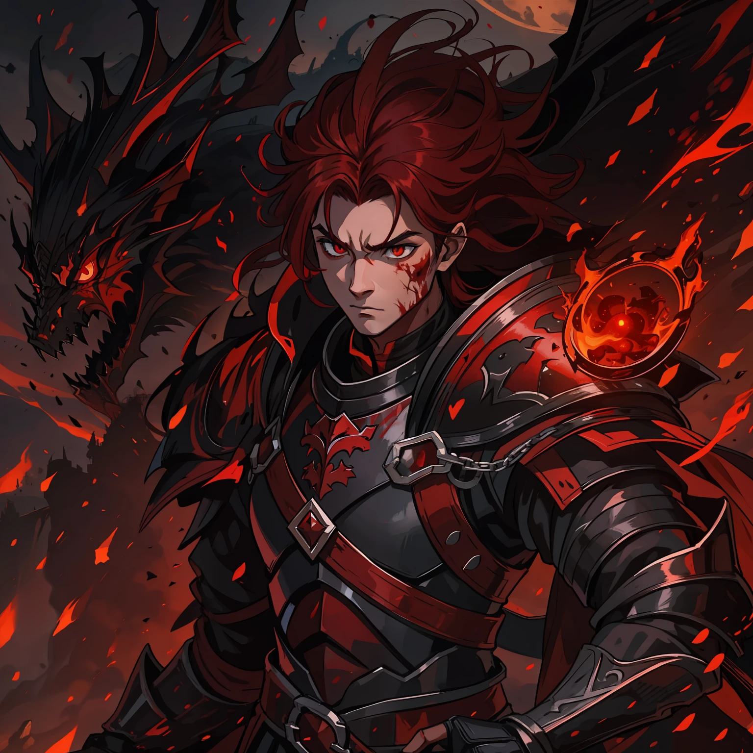 a warrior a noble knight prince of a kingdom wearing dark black and red armor a demonic armor this warrior is young and has hair as red as blood he is the prince of a dark and dark kingdom his hair is of medium fulfillment and his eyes are red as dragon eyes he is of the draconian familyred lights make up the image along with black smoke and dark magic in the background on the horizon A Dark Red Sky Volcano A Medieval Art for RPG