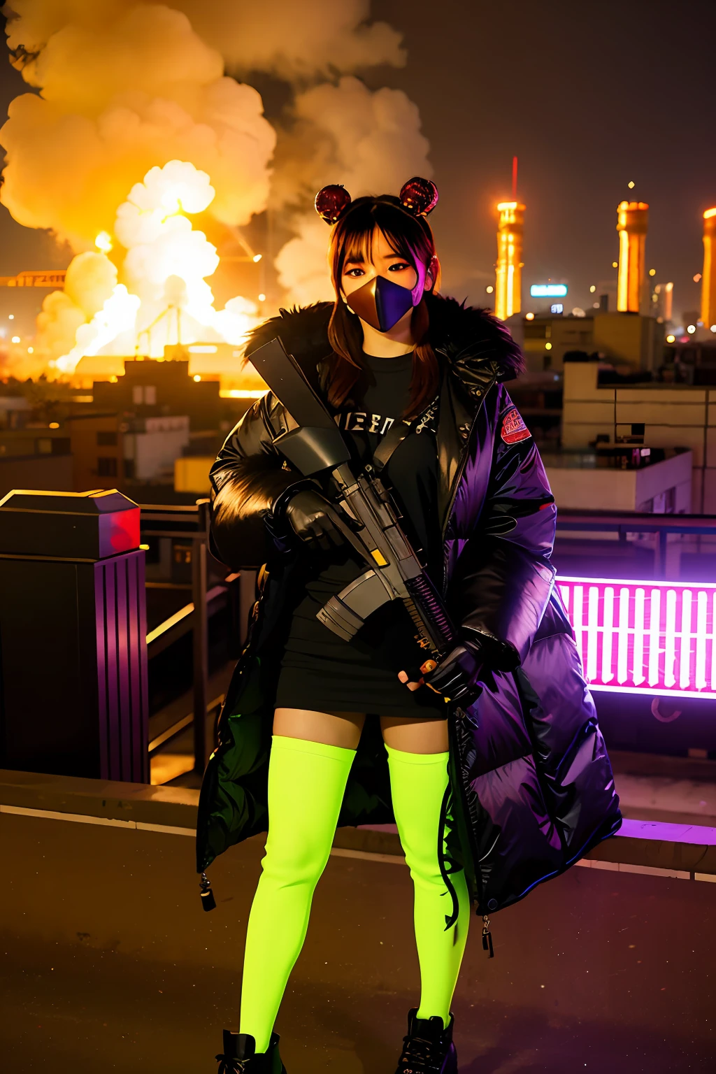 gals、Large gas mask、fur-coat、dictator、Big dragon tattoo、Tattoos all over the body、Glowing headgear、On the rooftop、Huge background is a neon sign、Leather gloves、long boots、Holding a Japan sword、Baseball armor、insurrection、Nuclear power plant in the background、Terrorist groups、Fluorescence Headgear、short-haired、bleu hair、Ignite fire from a flamethrower、、14years、gas masks、 socks、Rooftop at night、City on fire in the background