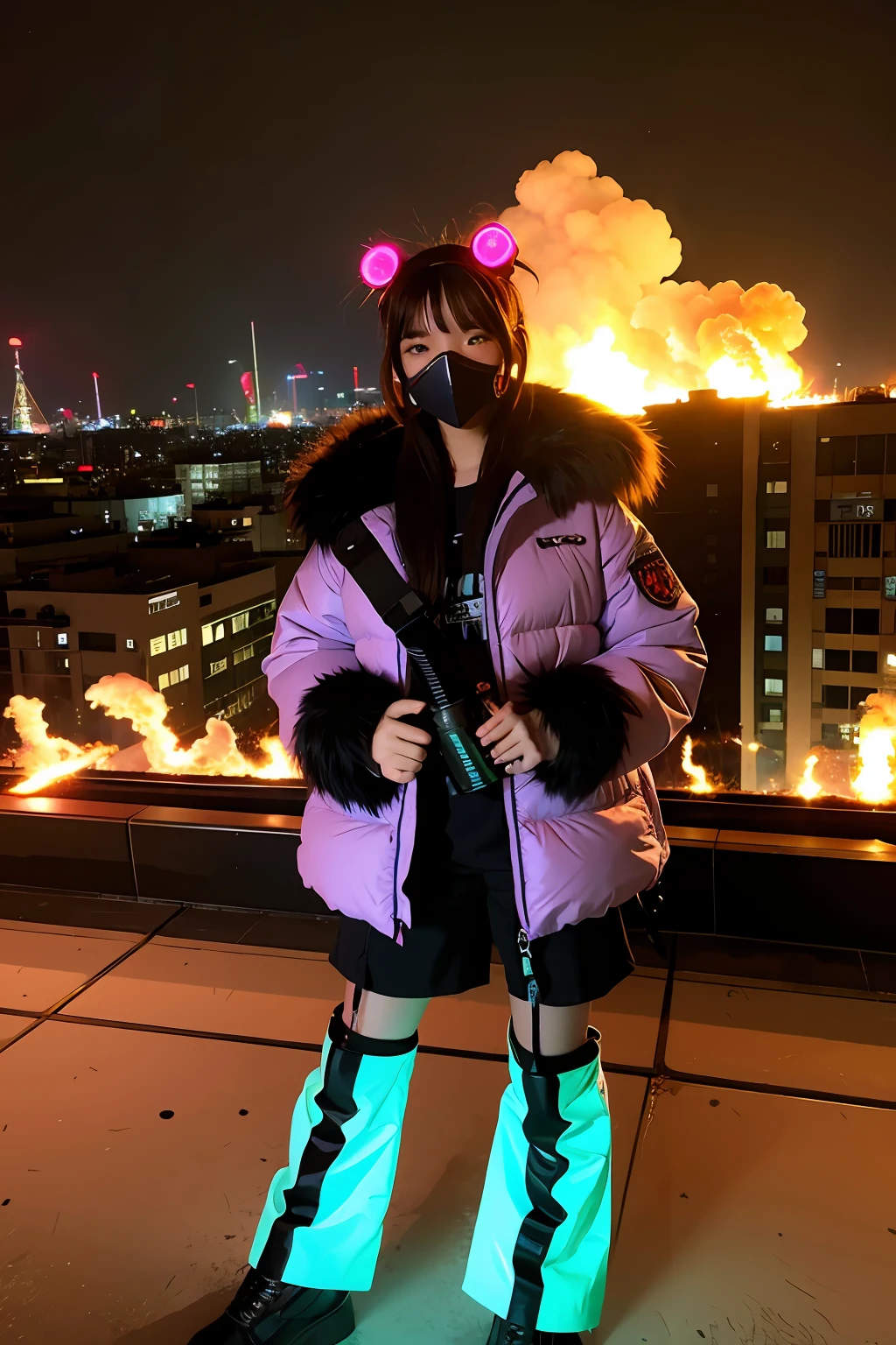 gals、Large gas mask、fur-coat、dictator、Big dragon tattoo、Tattoos all over the body、Glowing headgear、On the rooftop、Huge background is a neon sign、Leather gloves、long boots、Holding a Japan sword、Baseball armor、insurrection、Nuclear power plant in the background、Terrorist groups、Fluorescence Headgear、short-haired、bleu hair、Ignite fire from a flamethrower、middle school girl、14years、gas masks、high socks、Rooftop at night、City on fire in the background