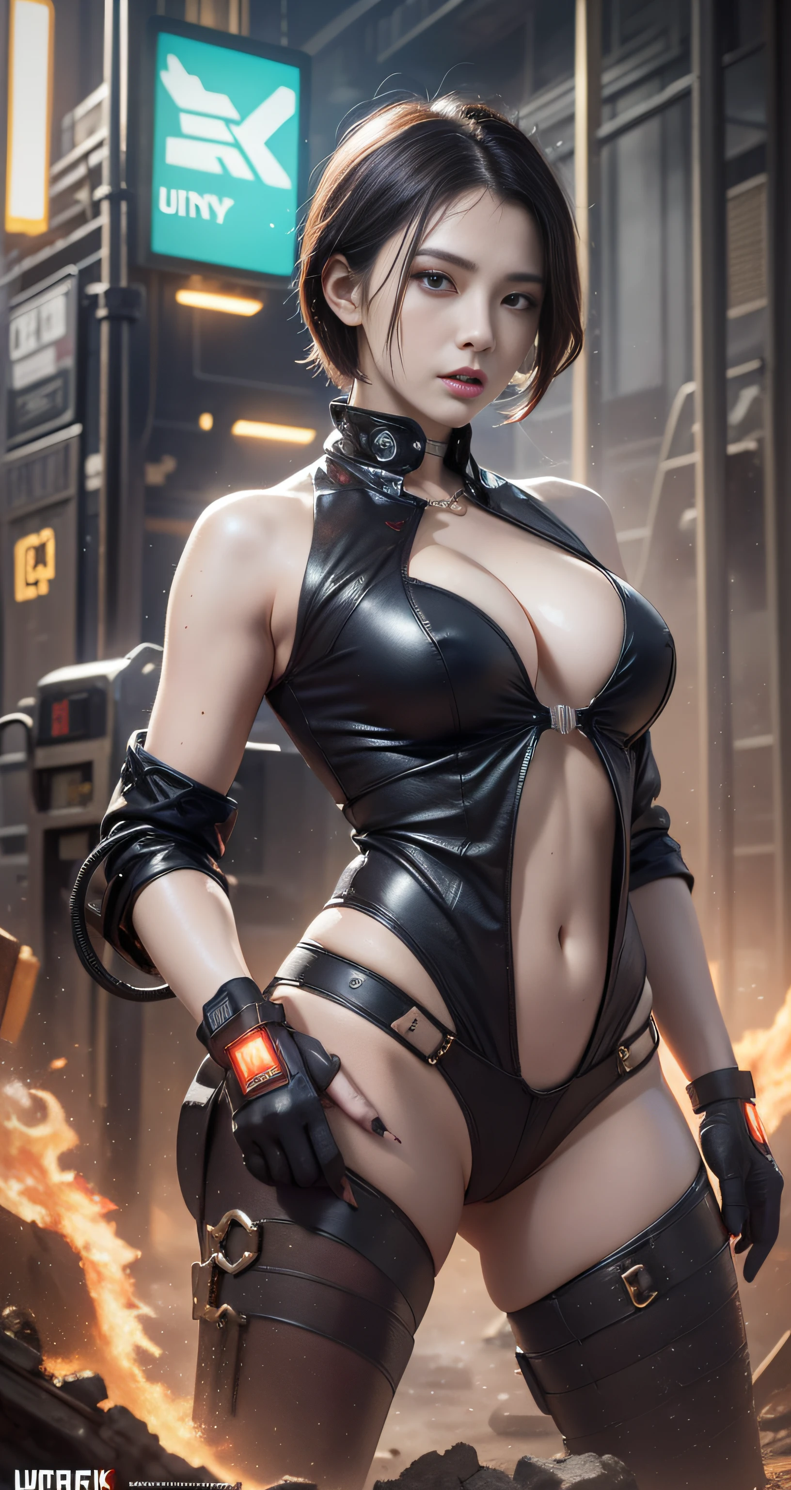 This is a CG Unity 8k wallpaper with ultra-detailed, high-resolution and top quality in cyberpunk style, dominated by black and red. In the picture, a white messy woman with short hair, a delicate face, wearing a steam mech, standing on the ruins, behind a ruin, a woman holding a heavy sniper rifle.