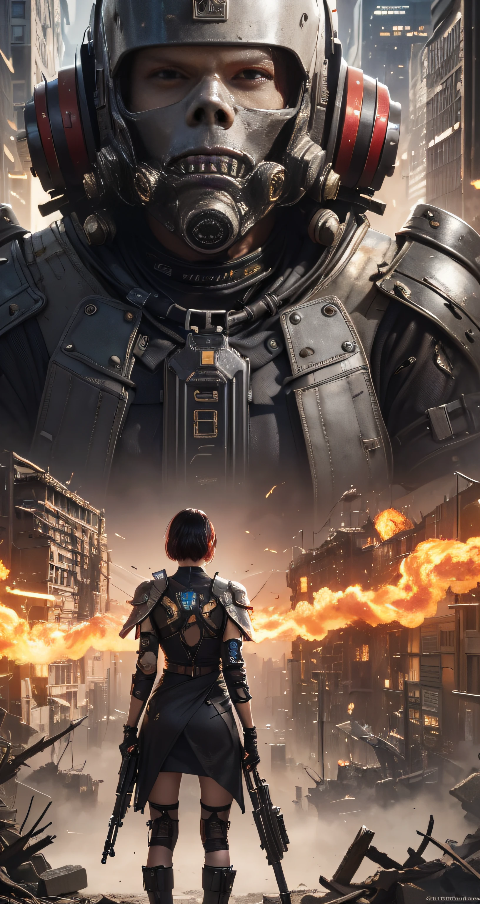 This is a CG Unity 8k wallpaper with ultra-detailed, high-resolution and top quality in cyberpunk style, dominated by black and red. In the picture, a white messy woman with short hair, a delicate face, wearing a steam mech, standing on the ruins, behind a ruin, a woman holding a heavy sniper rifle.