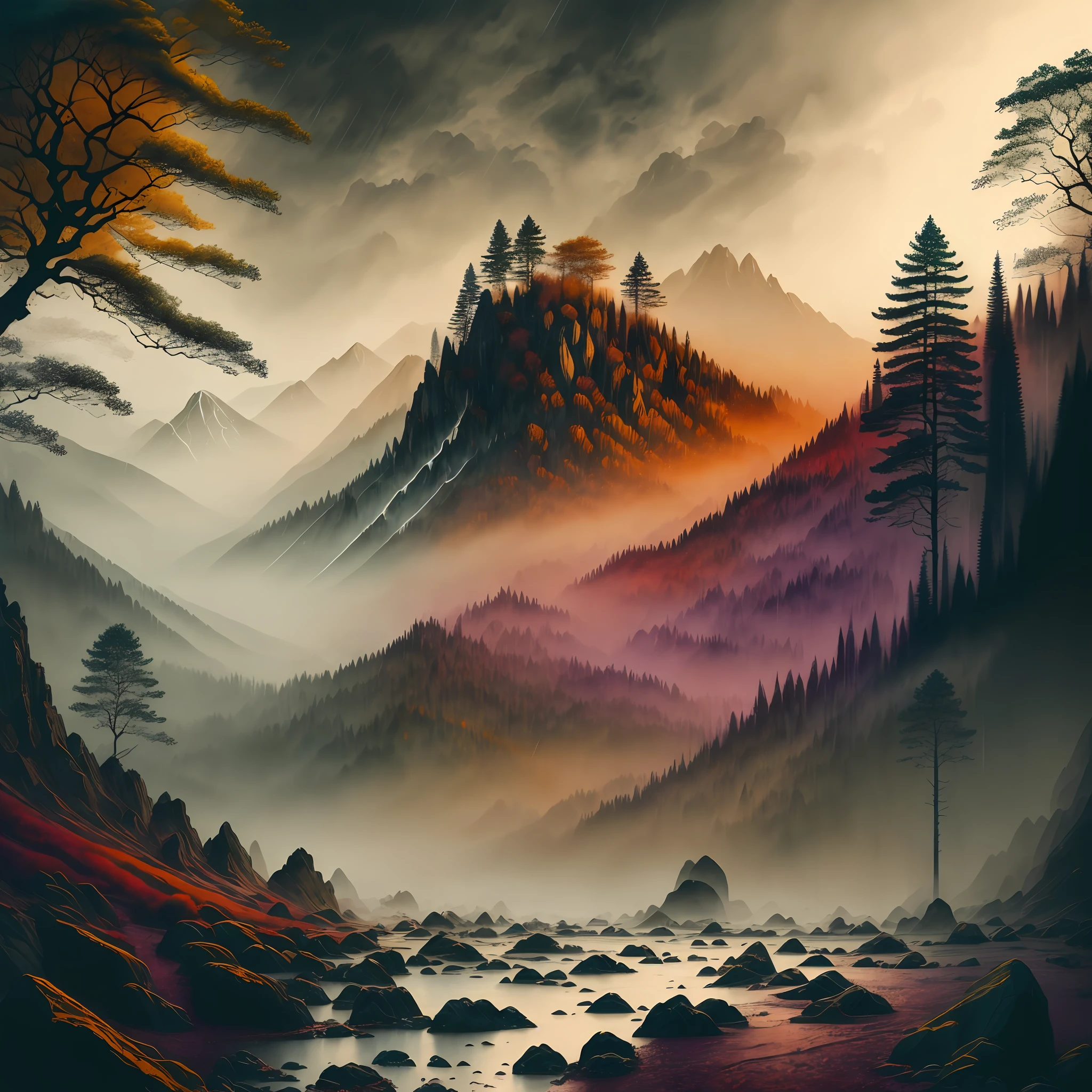 a detailed matte painting of an autumnal forest in the Carboniferous, raining by evgeny lushpin, jim burns and greg rutkowski, realistic concept art , complementary colors, 8k resolution, trending on artstation, wide-angle lens