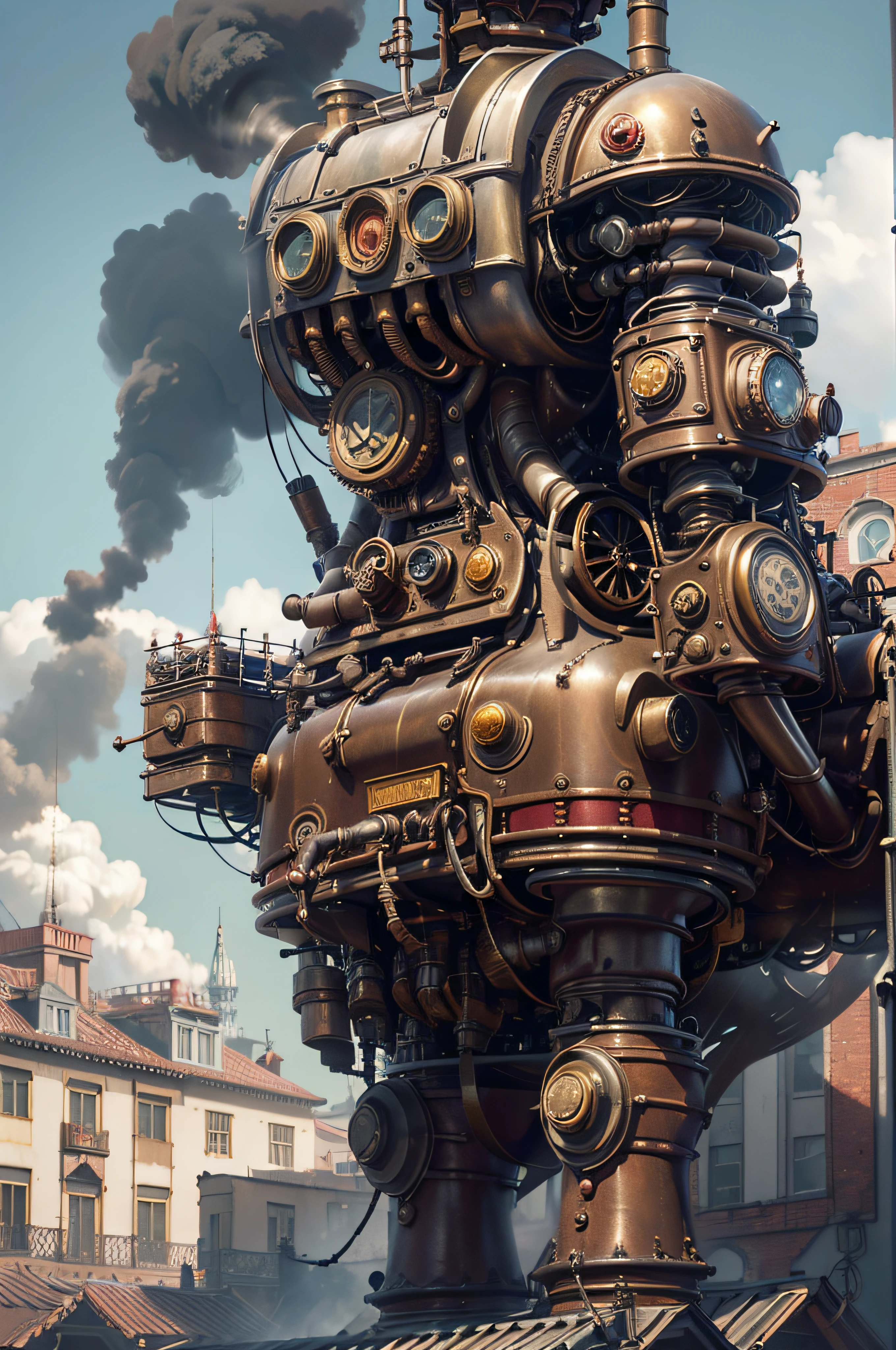 master part,melhor qualidade,fotorrealista,melhor sombra,delicado,..RAW,ultra high-resolution,Arte hiper-realista,gallery-grade work,Arte Oficial,wallpaper forced,64 mil,,ultra precise,visualmente impressionante,Obra-prima sublime,peak clarity,1 enorme cidade Steampunk,High-rise buildings covered by behemoth-like mechanical devices,show a scene of sharp contrast,Uma camada de nuvens subindo desordenadamente sobre a cidade,Huge steampunk buildings,The surface is covered with complex gears and mechanical devices,(eyesight,full view,corpo inteiro:1.2),(Nas paredes da cidade Steampunk,1 soldiers in strong mechanical armor.,Handheld Steam Gun,Guard the safety of the city:1.2),Steampunk,dirigible,Steam robot,