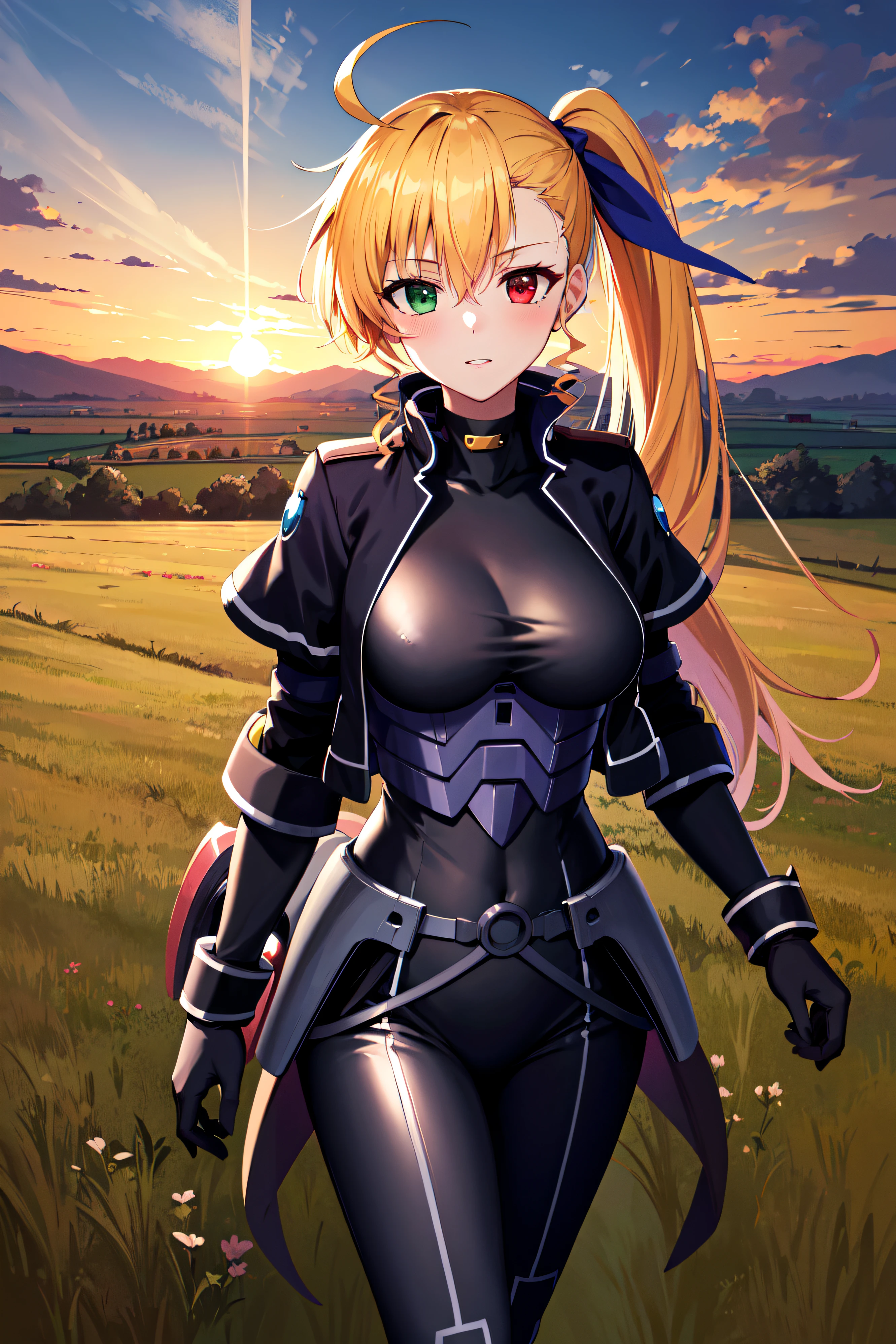 masterpiece, best quality, highres, 1girl, vivio1, heterochromia, ribbon, gloves, large breasts, ahoge, black_bodysuit, black jacket, walking, field, grass, sunset, cowboy shot,
