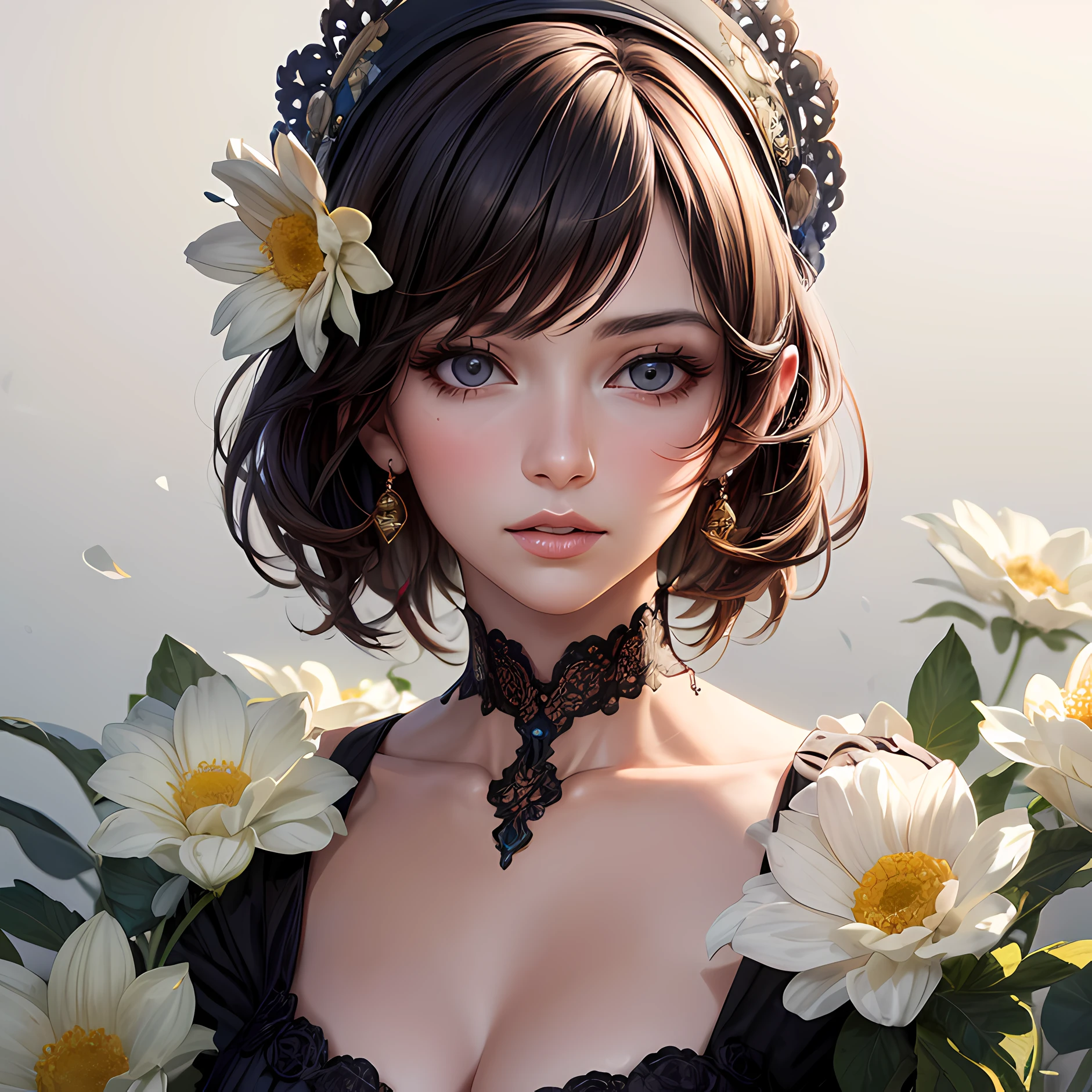 (masterpiece, best quality), photorealistic illustration, mature woman, flower dress, colorful, darl background,flower armor, complementary colors theme,