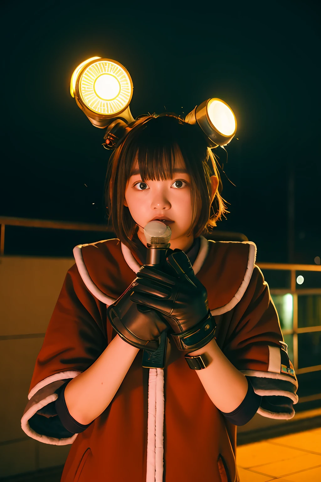 middle school girl、14years、Large gas mask、fur-coat、dictator、Big dragon tattoo、Tattoos all over the body、Glowing headgear、On the rooftop、Huge background is a neon sign、Leather gloves、long boots、Holding a Japan sword、Baseball armor、insurrection、Nuclear power plant in the background、Terrorist groups、Fluorescence Headgear、short-haired、bleu hair、Ignite fire from a flamethrower、middle school girl、14years、gas masks、high socks、Rooftop at night、City on fire in the background