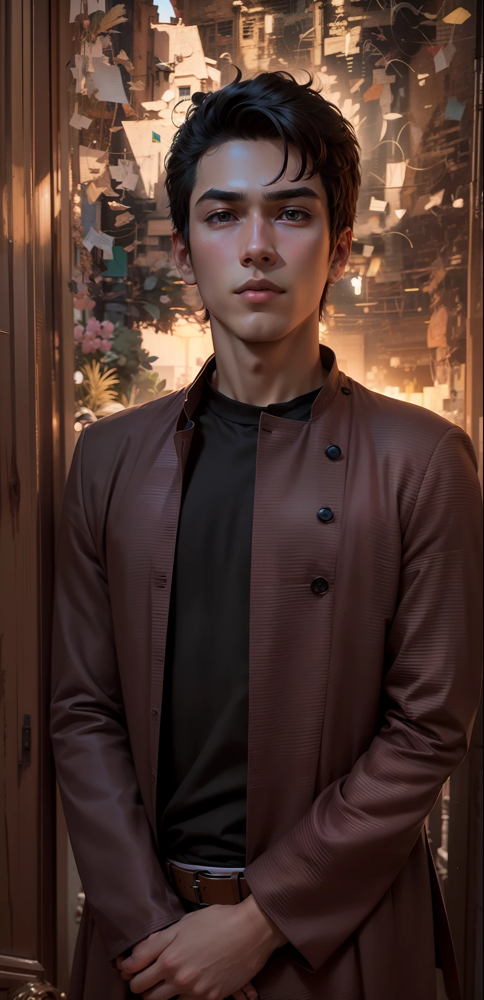 Anime background, realistic face but dress and standing style should stylish,cute and handsome boy