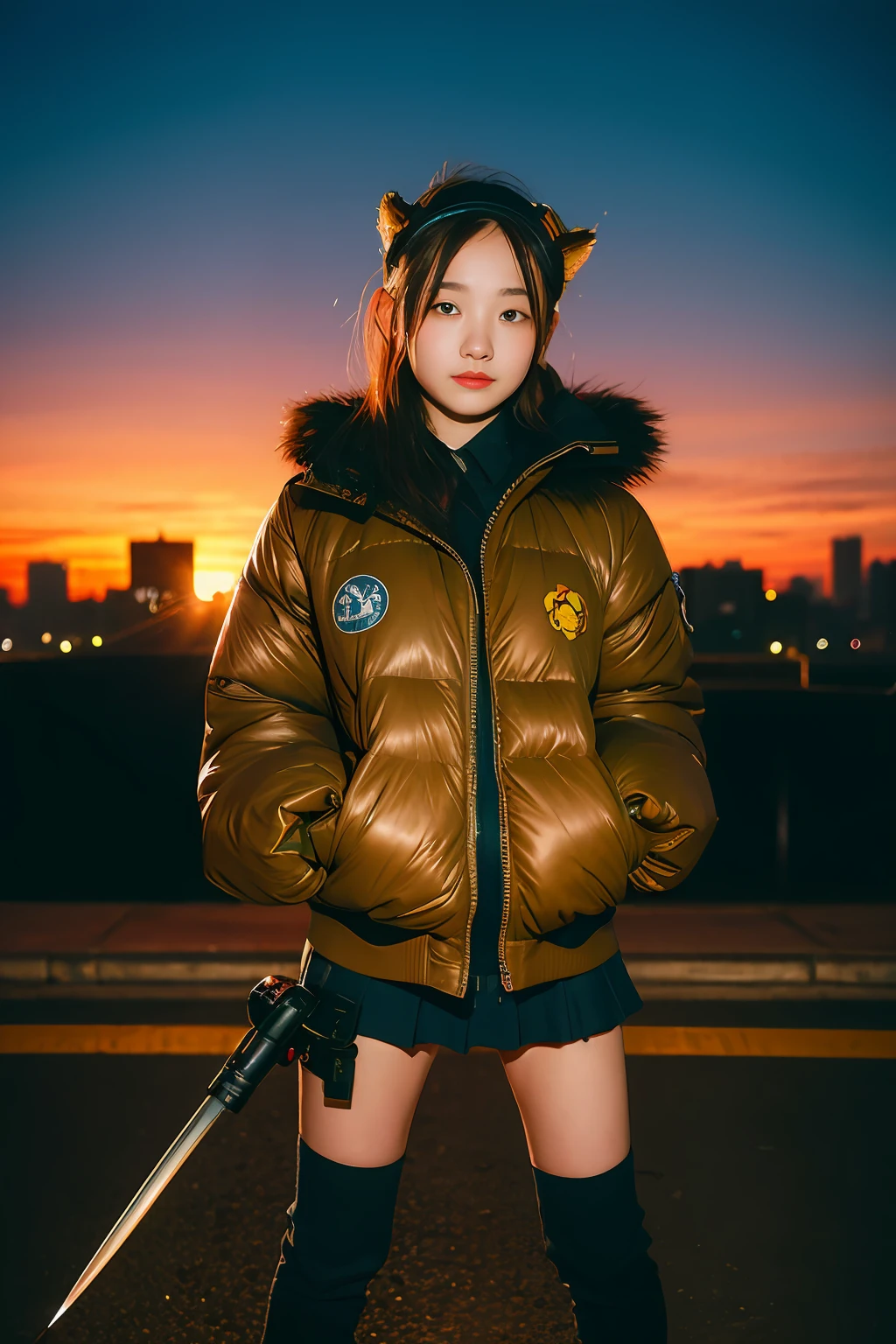 middle school girl、14years、Large gas mask、fur-coat、dictator、Big dragon tattoo、Tattoos all over the body、Glowing headgear、On the rooftop、Huge background is a neon sign、Leather gloves、long boots、Holding a Japan sword、Baseball armor、insurrection、Nuclear power plant in the background、Terrorist groups、Fluorescence Headgear、short-haired、bleu hair、Ignite fire from a flamethrower、middle school girl、14years、gas masks、high socks、Rooftop at night、City on fire in the background