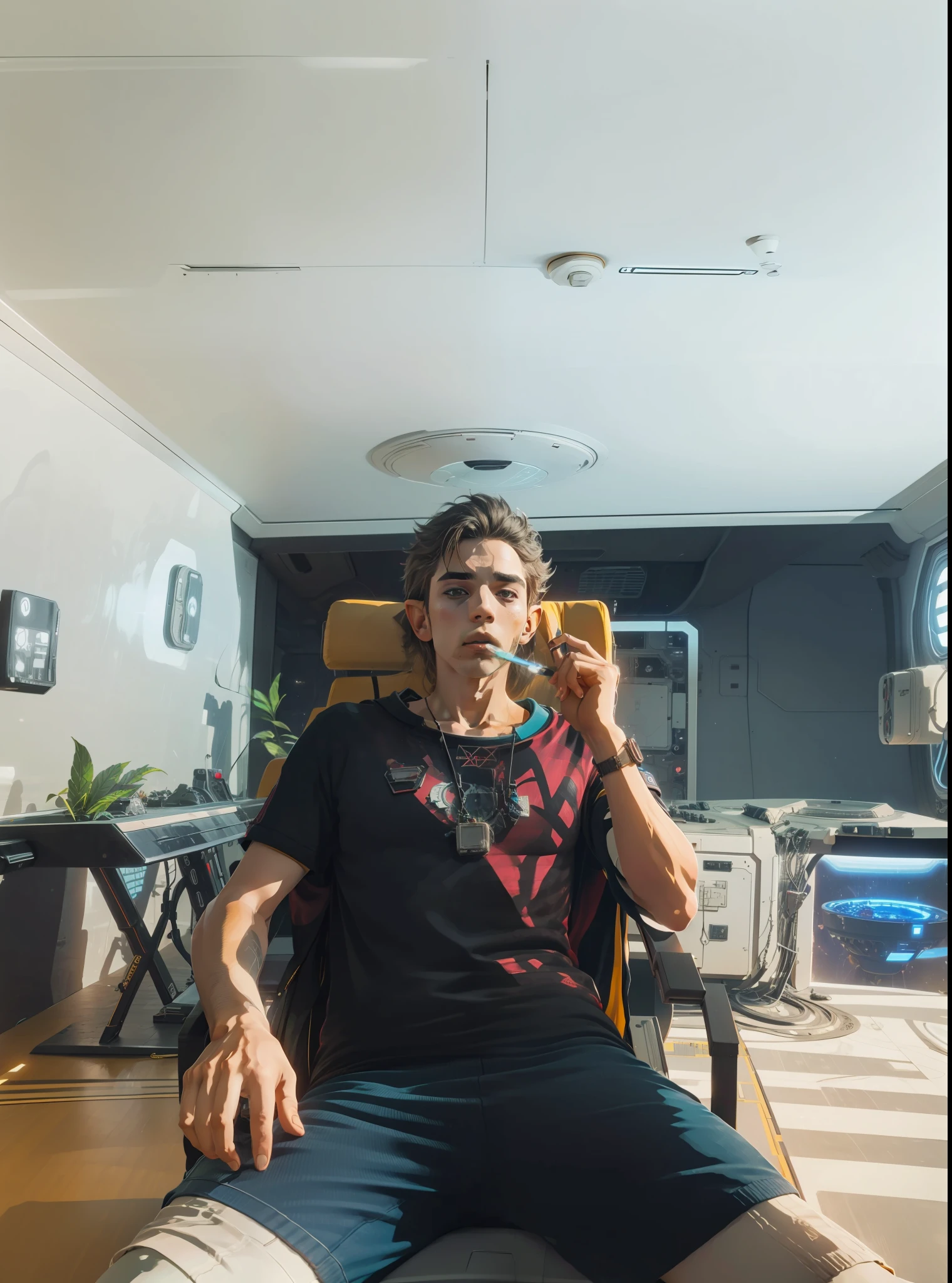 inside spaceship. Spaceship. Futuristic. 8k. Realistic art. Naked guy smoking weed in a spaceship.
