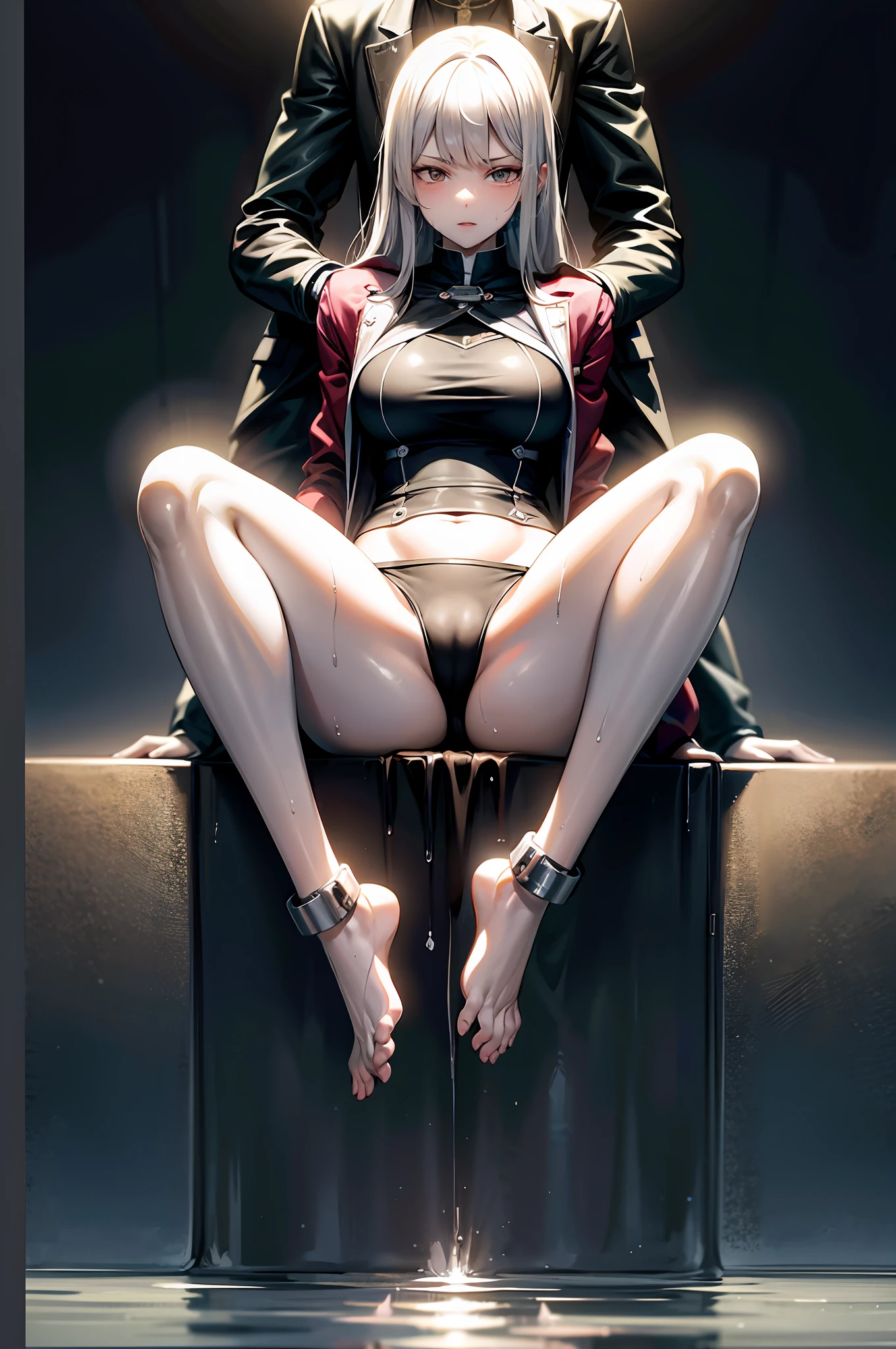((巨作)), Best picture quality，Reflect the spirit，Meticulous attention to detail，Extreme depiction，Intimate wet clothing，Stunning scenes，In the courtyard，Frightened，Heavy shackles on hands and feet，Darkness shrouded in darkness。Exhale heat，Sweat profusely，Jacket open，Large breasts