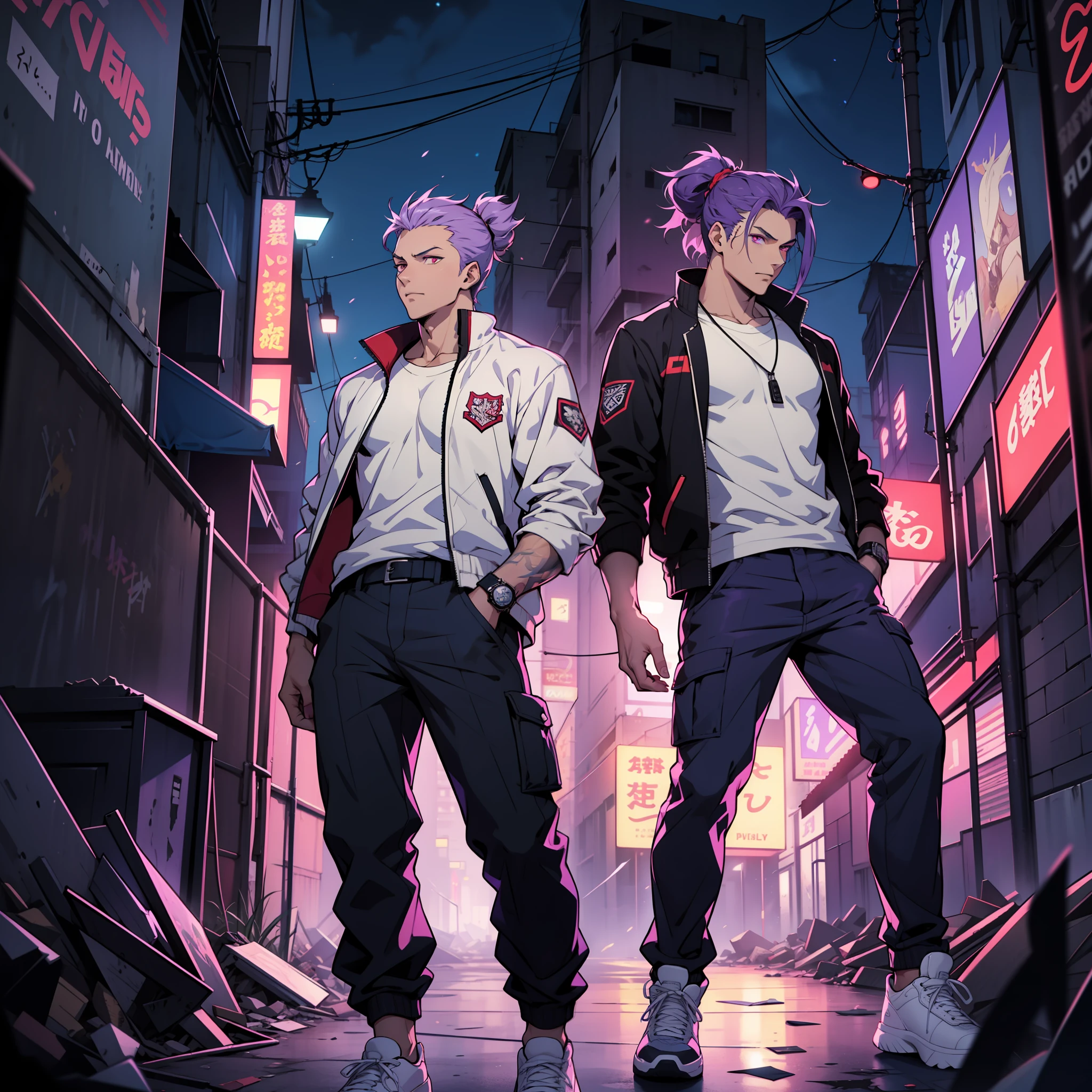 A tall, thin guy, fair skin, purple hair, high bristly hair, pointed hair up, white shirt, dark purple jacket, cream pants, purple sneakers, dark pink eyes, apocalyptic background, destroyed city, nightlife, anime, 2d, cartoon, high quality, detailed, 4k