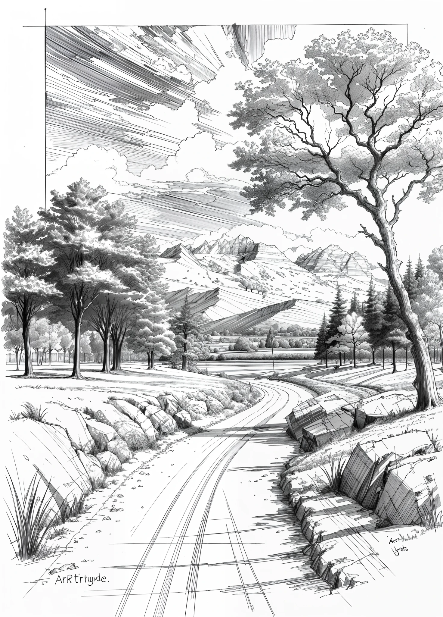 Drawing of a landscape, sketch artstyle, grayscale, monochrome