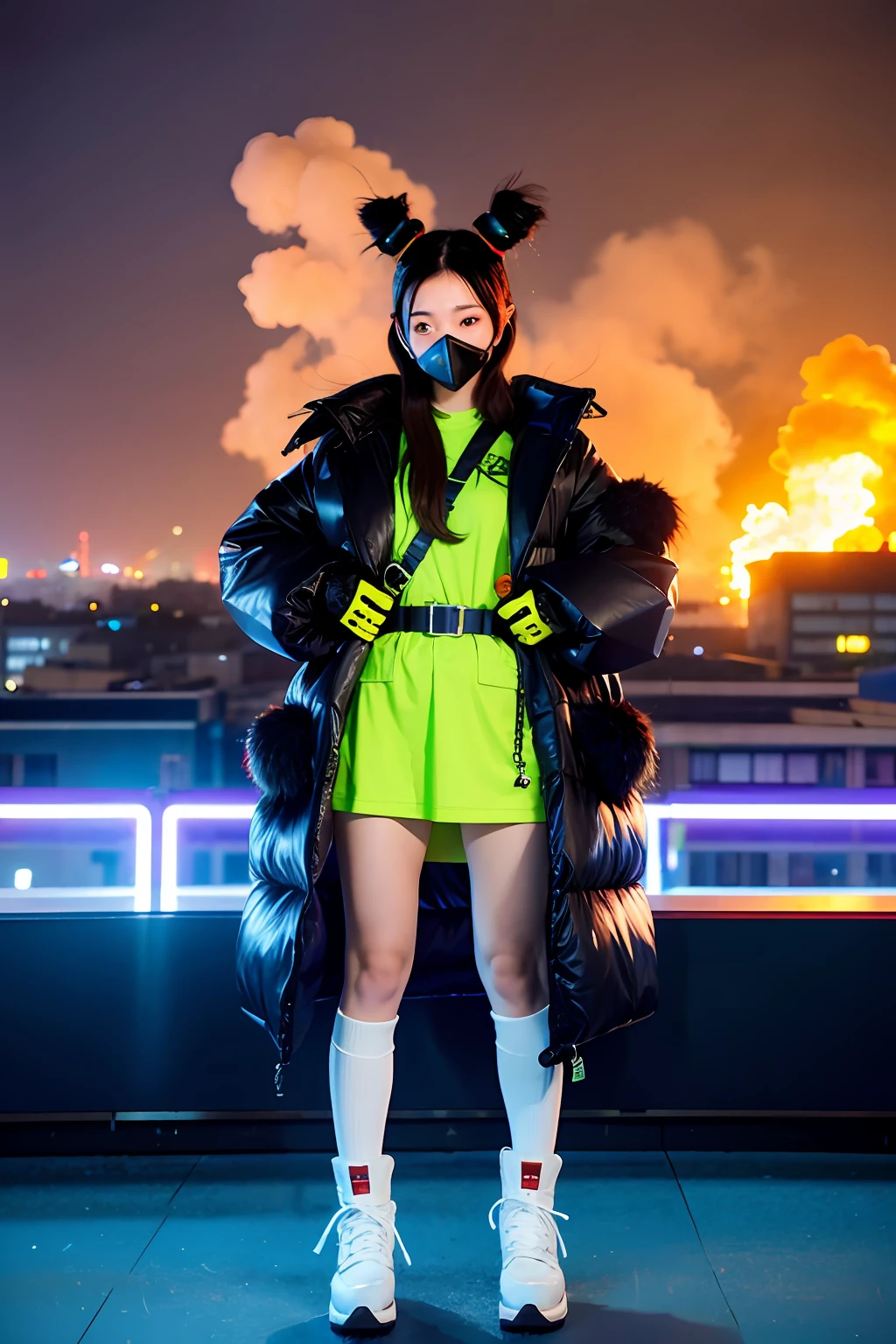 gals、Large gas mask、fur-coat、dictator、Big dragon tattoo、Tattoos all over the body、Glowing headgear、On the rooftop、Huge background is a neon sign、Leather gloves、long boots、Holding a Japan sword、Baseball armor、insurrection、Nuclear power plant in the background、Terrorist groups、Fluorescence Headgear、short-haired、bleu hair、Ignite fire from a flamethrower、middle school girl、14years、gas masks、high socks、Rooftop at night、City on fire in the background