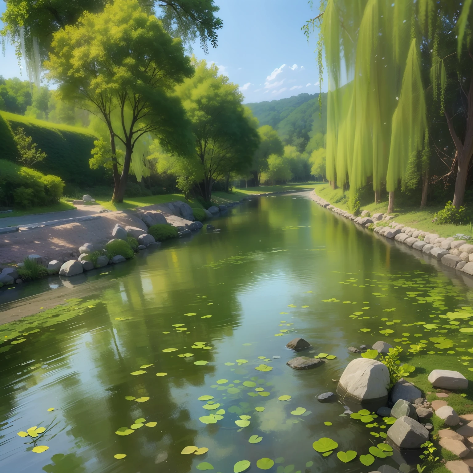 Small stones and pebbles can be seen in the clear stream.、Willow trees line both sides of the clear stream.。Water reflects off a fantastic beauty in the daytime。Scene on a hot summer day。