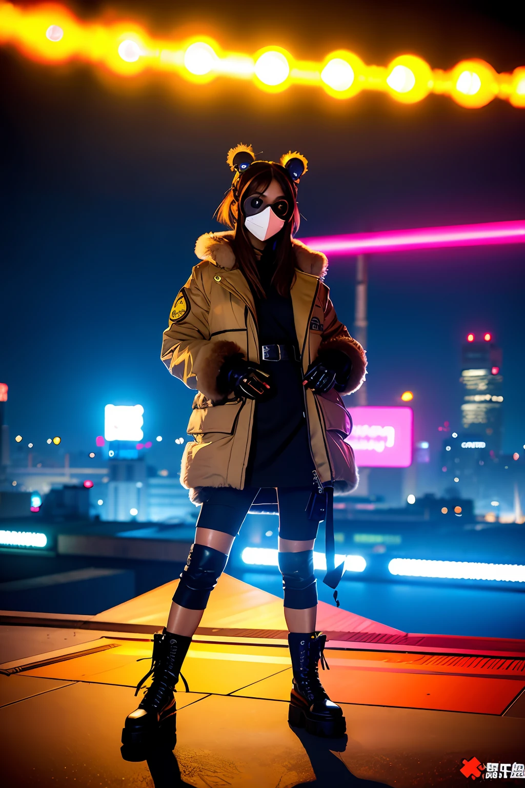 gals、Large gas mask、fur-coat、dictator、Big dragon tattoo、Tattoos all over the body、Glowing headgear、On the rooftop、Huge background is a neon sign、Leather gloves、long boots、Holding a Japan sword、Baseball armor、insurrection、Nuclear power plant in the background、Terrorist groups、Fluorescence Headgear、short-haired、bleu hair、Ignite fire from a flamethrower、middle school girl、14years、gas masks、high socks、Rooftop at night、City on fire in the background