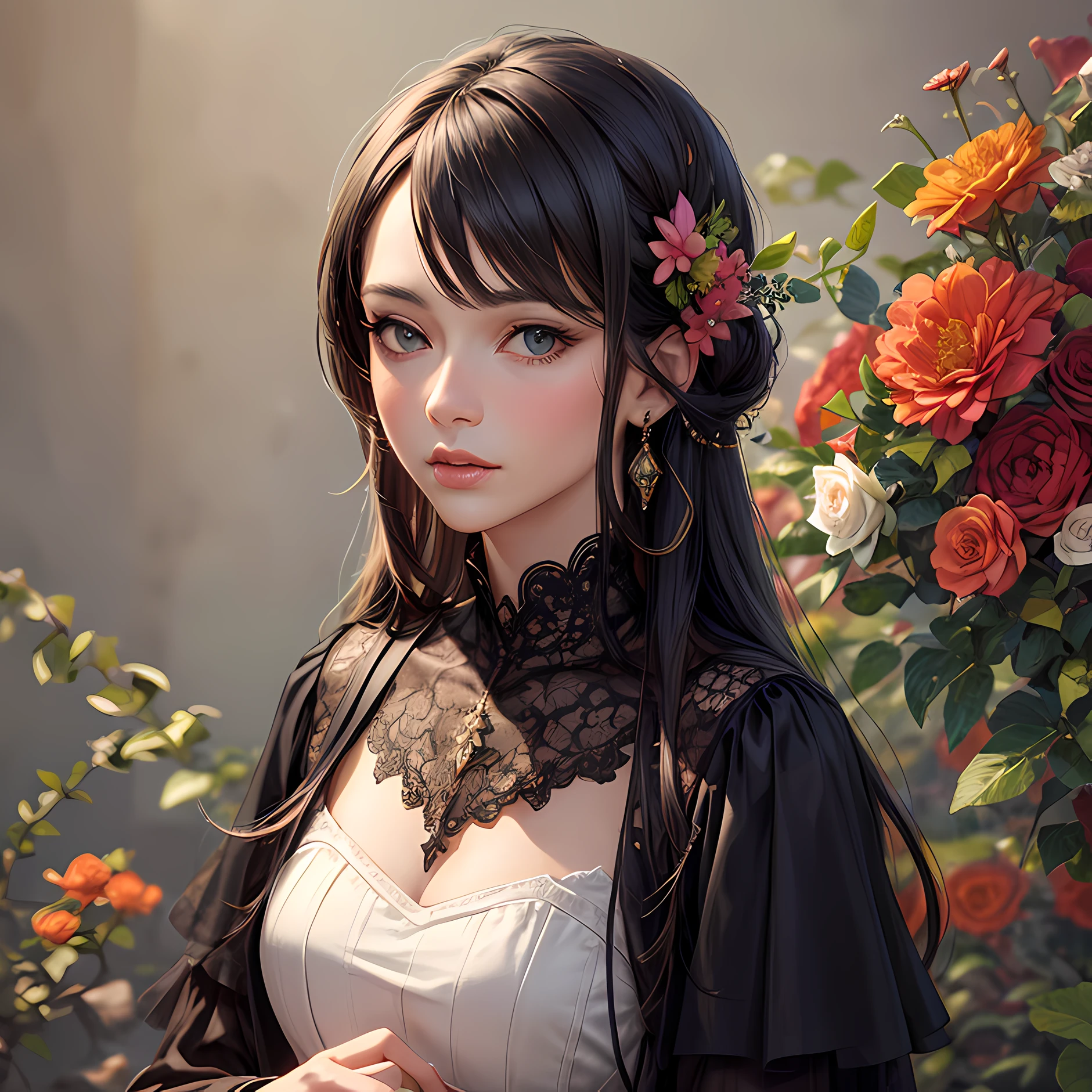 (masterpiece, best quality), photorealistic illustration, mature woman, flower dress, colorful, darl background,flower armor, complementary colors theme,