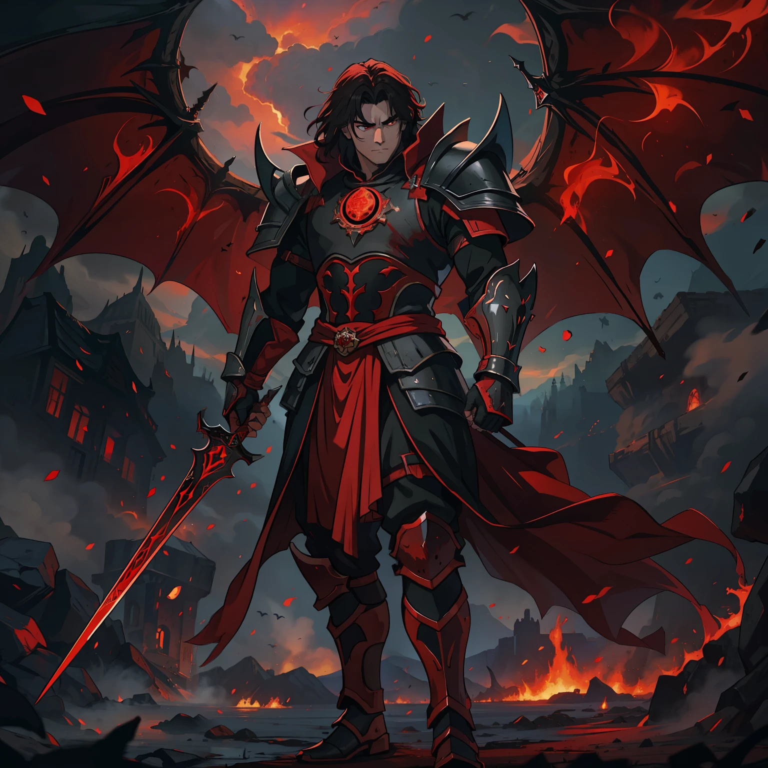 a warrior a noble knight prince of a kingdom wearing dark black and red armor a demonic armor this warrior is young and has hair as red as blood he is the prince of a dark and dark kingdom his hair is of medium achievement and his eyes are red like dragon eyes he is of the draconian familyred lights make up the image along with black smoke and dark magic in the background on the horizon A Dark Red Sky Volcano A Medieval Art for RPG