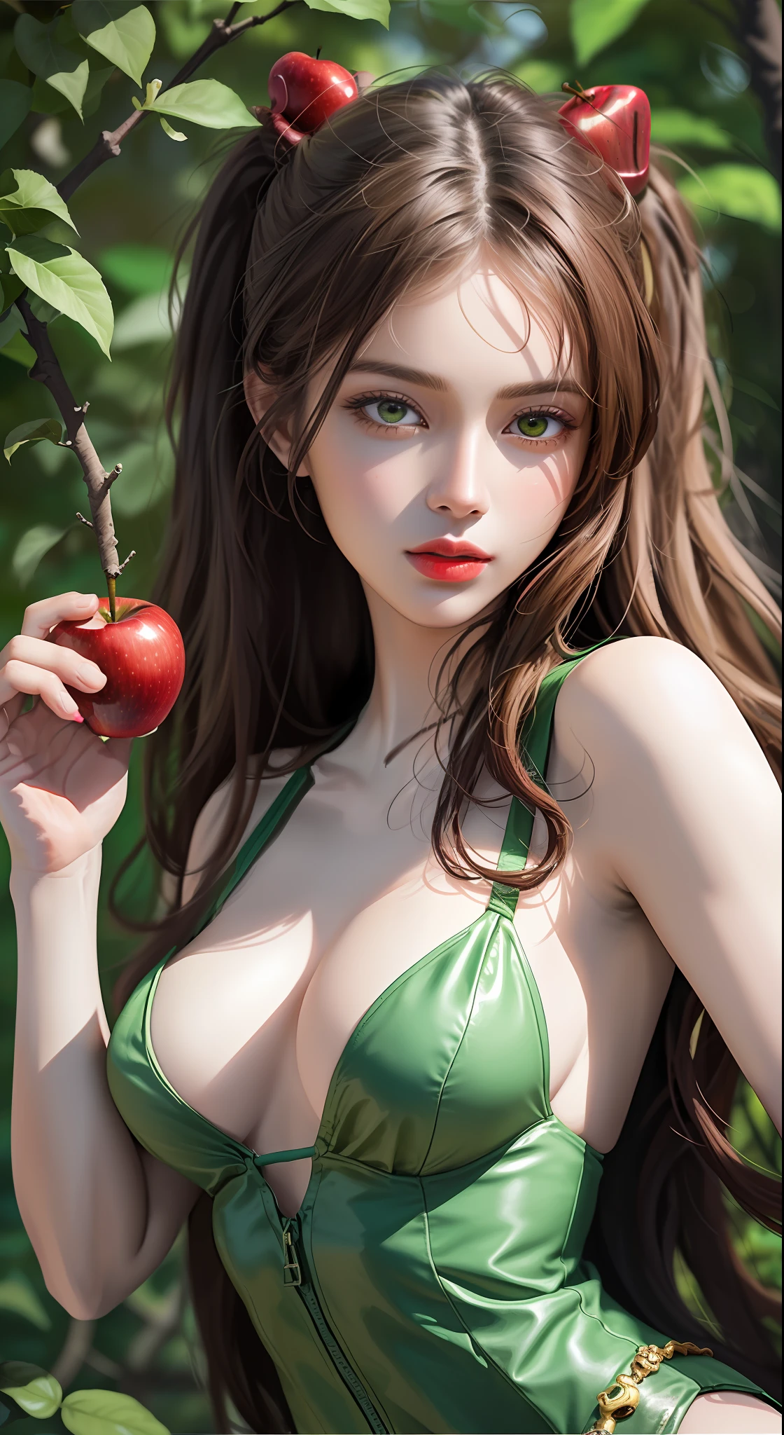 uma mulher bonita e jovem com cabelos longos e castanhos, her breasts covered by a simple tree leaf, sem roupas. She is in a green and flowery garden, full of trees and animals. She holds a bright red apple in her right hand, olhando para ela com curiosidade e desejo. No fundo, there is a large, leafy tree, com uma cobra enrolada em um dos galhos. The snake has yellow and hypnotic eyes, e parece sussurrar algo para a mulher.