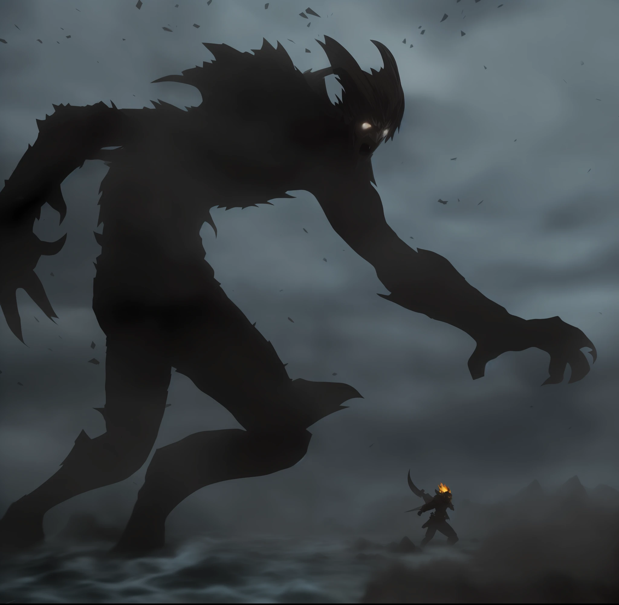 Epic pose,dynamic action,giant slayer, battle, last stand, giant monster, giant, terrible monster, black fog monster, burning eyes, rage, dynamic action, impact, splashes and fragments, fights with a man, human warrior, broken armor, sword in hand, combat stance, storm, hurricane, fantasy, action, adventure, warriors, giants, epic