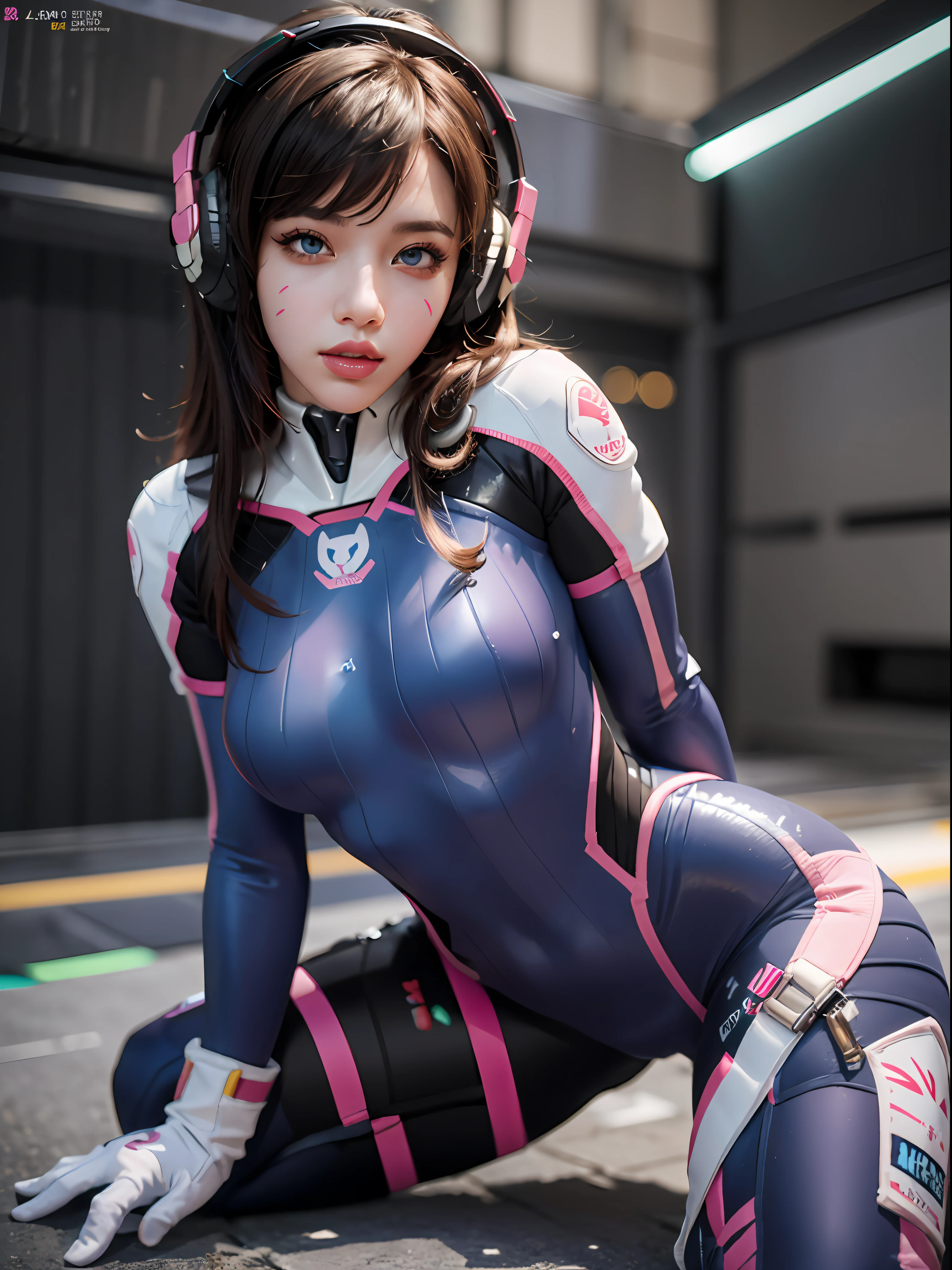 1girl, d.va (overwatch), solo, long hair, whisker markings, bodysuit, brown hair, facial mark, gloves, breasts, brown eyes, pilot suit, cowboy shot, headphones, white gloves, medium breasts, swept bangs, skin tight, animal print, bangs, bunny print, ribbed bodysuit, facepaint, pink lips, sit on the floor, spread legs, (ultra detailed), (8k, intricate), (85mm), light particles, lighting, breast focus, full body, (highly detailed:1.2), (detailed face:0,8), (gradients), sfw, colorful, (detailed eyes:1.5), (detailed background), (dynamic angle:1.2), (dynamic pose:1.2), (rule of third_composition:1.3), (Line of action:1.2), daylight, solo.