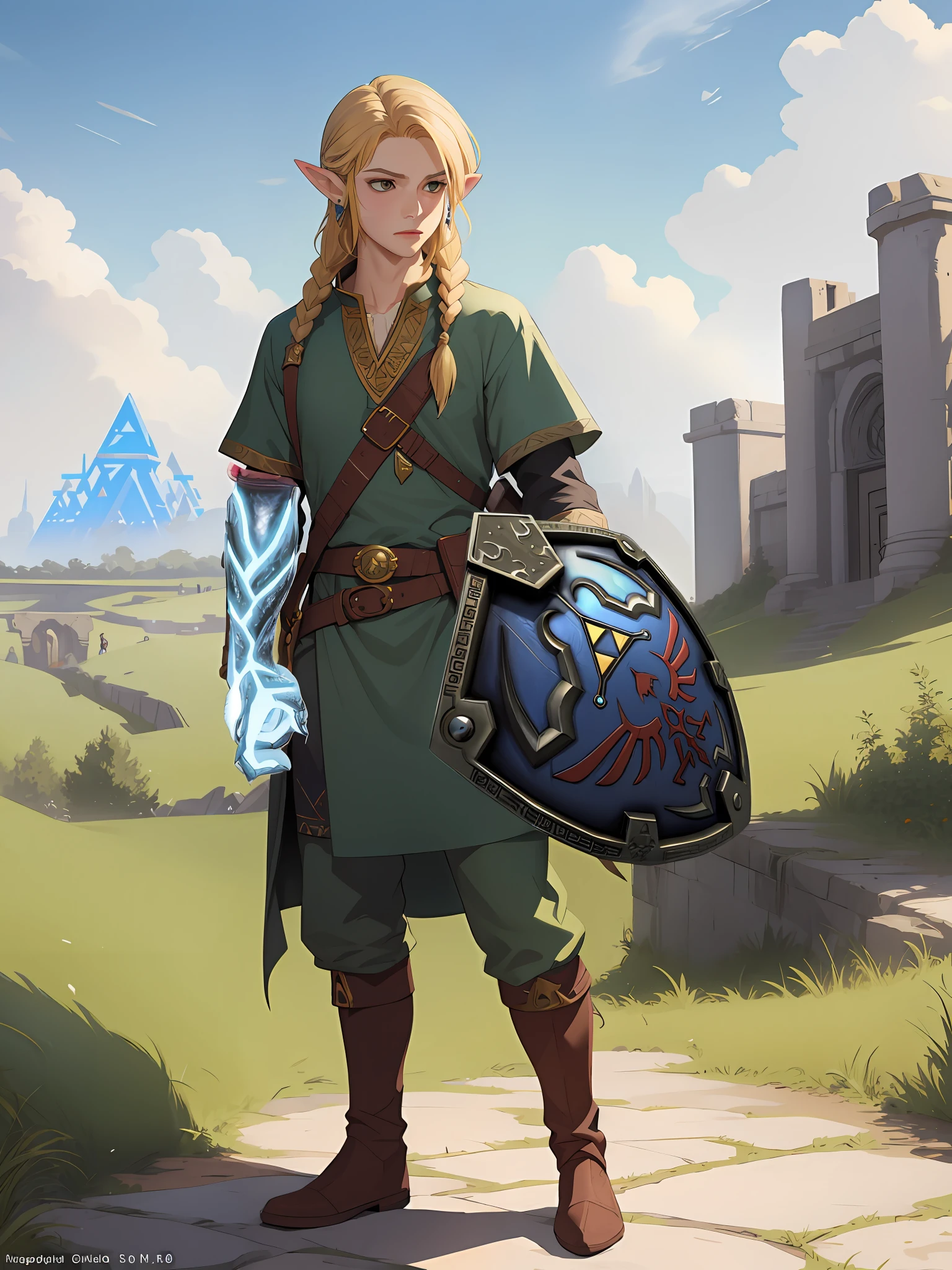 Imagen de una mujer vestida con un traje verde sosteniendo un escudo y una espada, Un retrato de Link, Zelda con Triforce, Arte al estilo de Zelda, Estilo botw, Zelda, Retrato de Zelda, Enlace de Zelda, Artgerm y Atey Ghailan, Estilo de arte Breath of the Wild, Zelda Botw, De Legend of Zelda