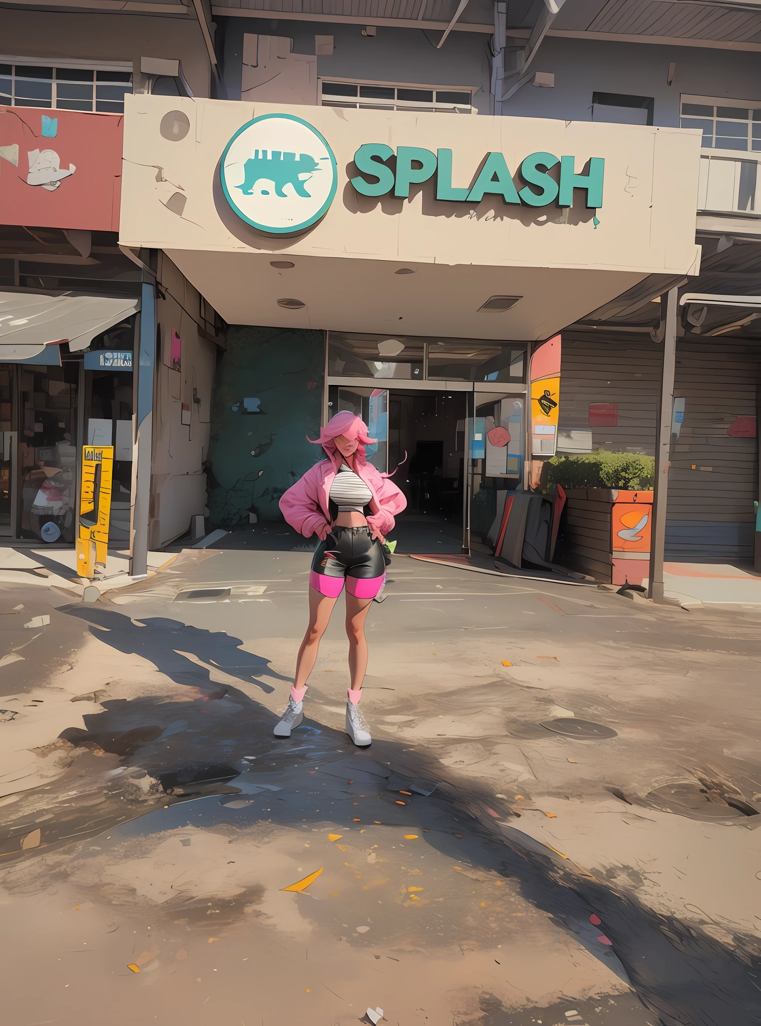 (Best quality), (masterpiece), (realistic) and ultra-Detailed photo of cute girl in futuristic neon headphones with plastic fox ears, She has a (pink hair), wears leather (unbuttoned) pink-Black racing jacket on a naked body, under which we can see ((huge half-open erect tits)), (erect nippleslips), open tummy, leather tight shorts, and exudes a (beautiful and aesthetic) vibe, sexy body , detailed pupils, detailed iris of eyes, An embarrassed and lustful smile opening her mouth,