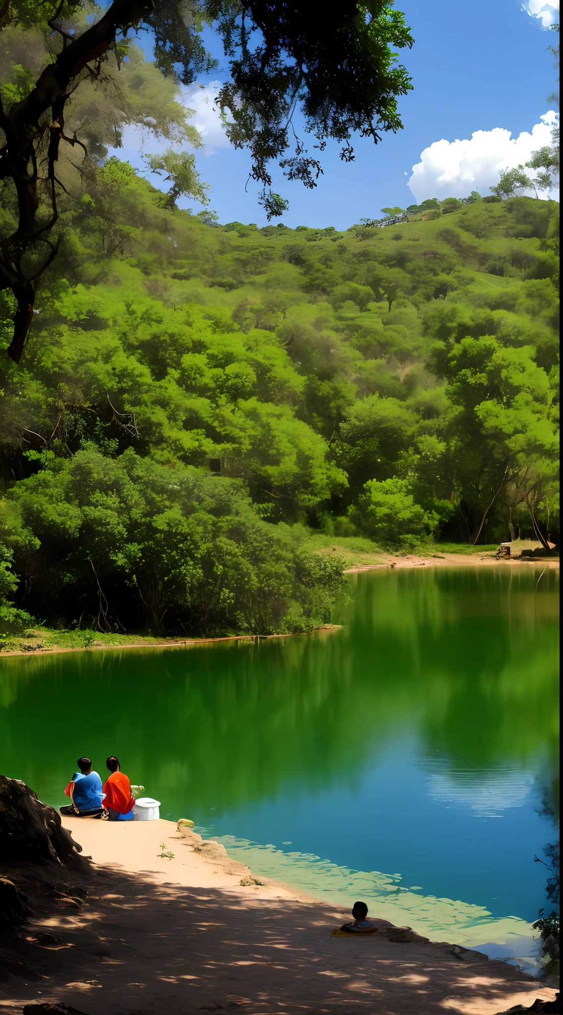 The place has no home, It's a sunny afternoon in the savannah, where a beautiful lake reflects the blue sky. The calm and crystal clear waters shelter several children, que riem e se divertem na beira do lago, while some skilled mothers wash clothes under the refreshing shade of a guava tree. The landscape is full of bright colors of the vegetation of the cerrado, providing a tranquil and cheerful setting for all to enjoy.