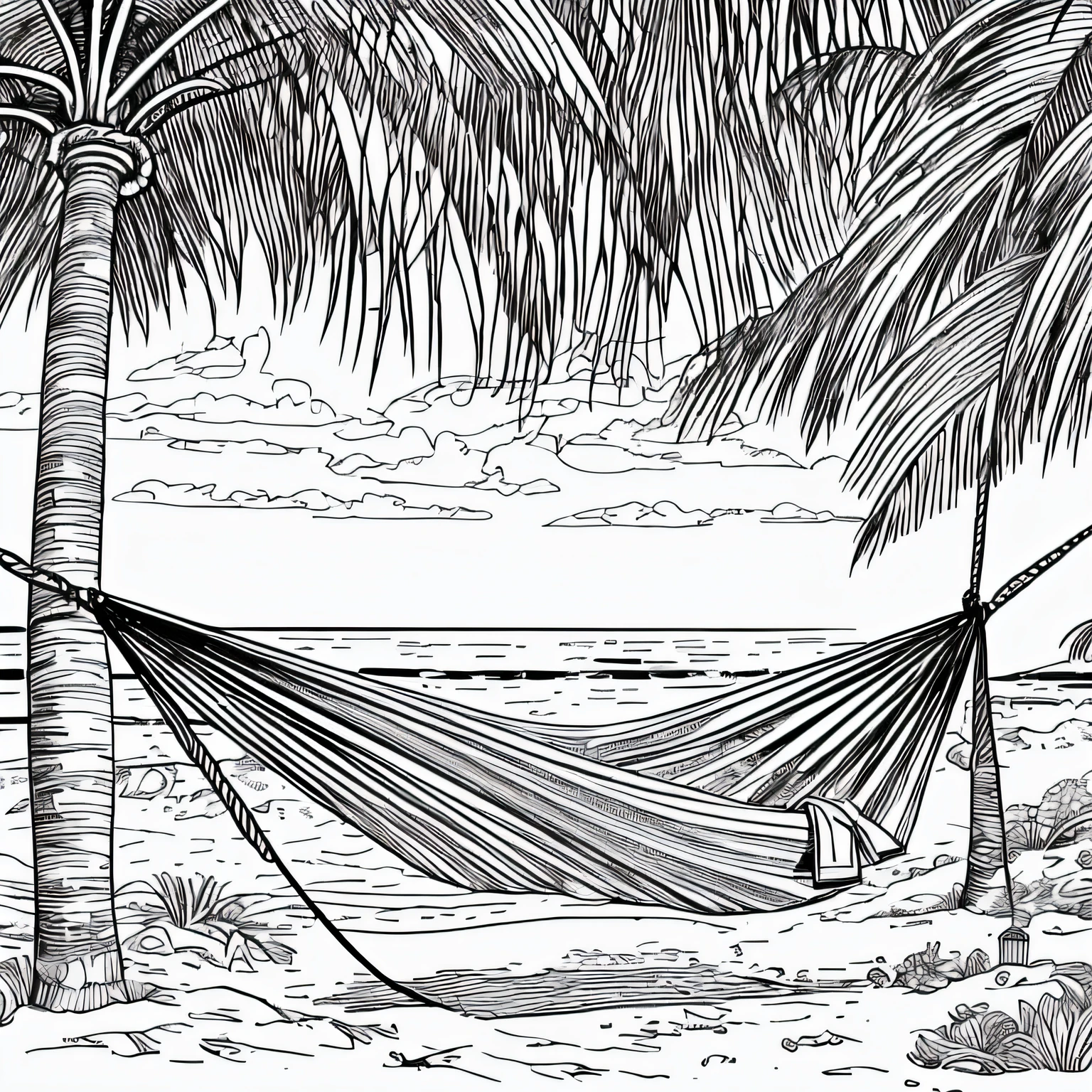 a hammock on the beach clean ink detailed line drawing, line - art, extremely fine ink line art, coloring book outline, perfect pen and ink line art, stylized linework, coloring book page, highly detailed linework, published art, very fine inking line --auto