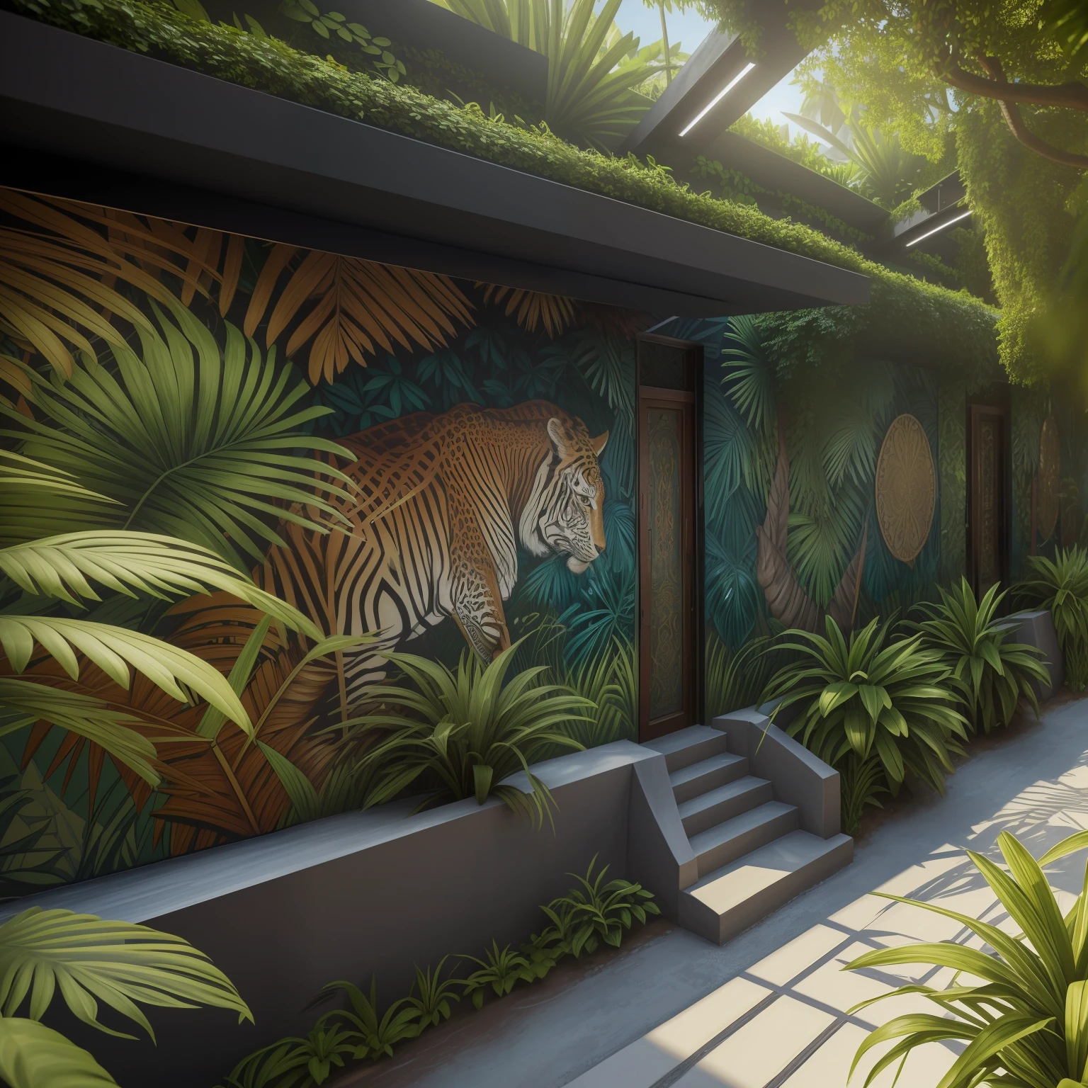 high details, best quality, 8k, [ultra detailed], masterpiece, best quality, (extremely detailed), dynamic angle, RAW, photorealistic, a picture of a graffiti artist painting a graffiti of a jungle on a wall in an futuristic street (1.4 intricate details, Masterpiece, best quality), graffiti artist painting on a wall in an futuristic street (1.4 intricate details, Masterpiece, best quality), dynamic angle, (1.4 intricate details, Masterpiece, best quality) 3D rendering, high details, best quality, highres, ultra wide angle