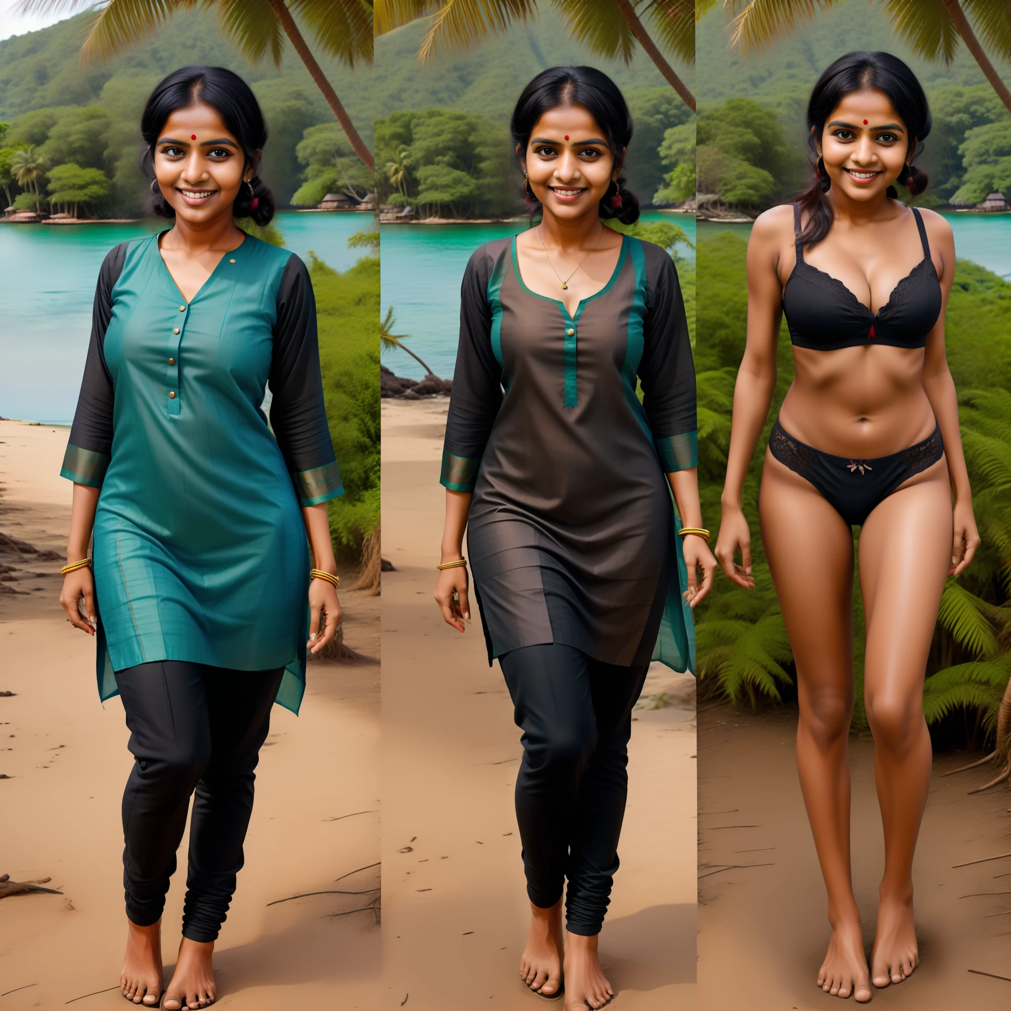 Side by side photo of a mallu flight village woman ,(island:1.3), wearing kurta, outdoors,tall, seductive, detailed cute face, full lips, smiling, hyper realistic, ((skinny:1.0)), clothed, full body shot, cleavage, messy black hair