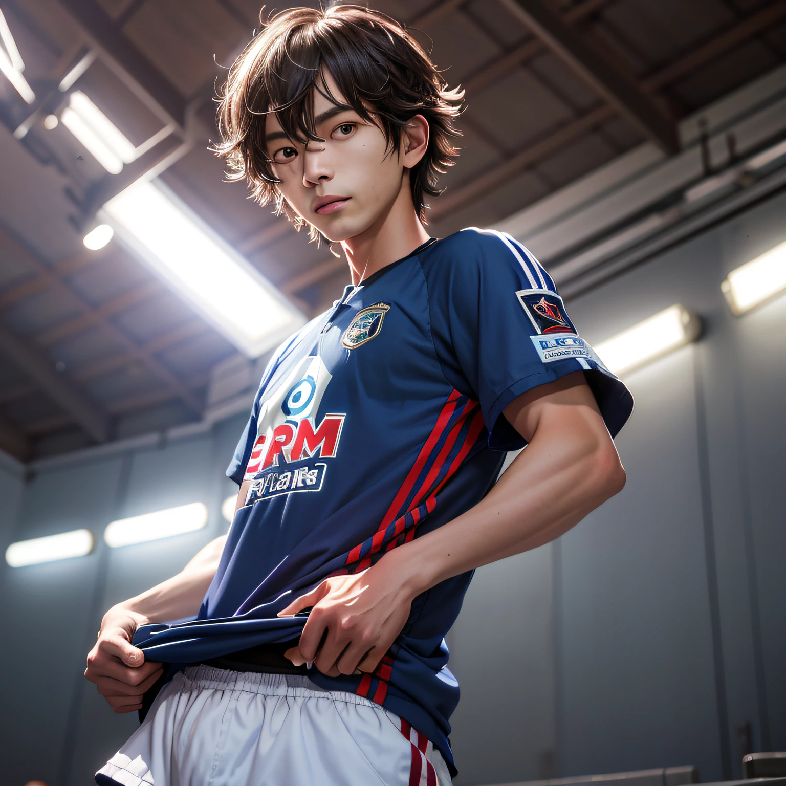 Homem de camisa azul segurando faixa preta, Fukaya Yuichiro, Yuya Nagai, anime. soft lighting, Estilo de Tsubasa Nakai, Tiro em Sony A 7 III, Takumi Fujiwara, Tomado com Sony Alpha 9, Retrato no meio da foto, tou, Norihiro Yagi, Capturado na Canon EOS R 6