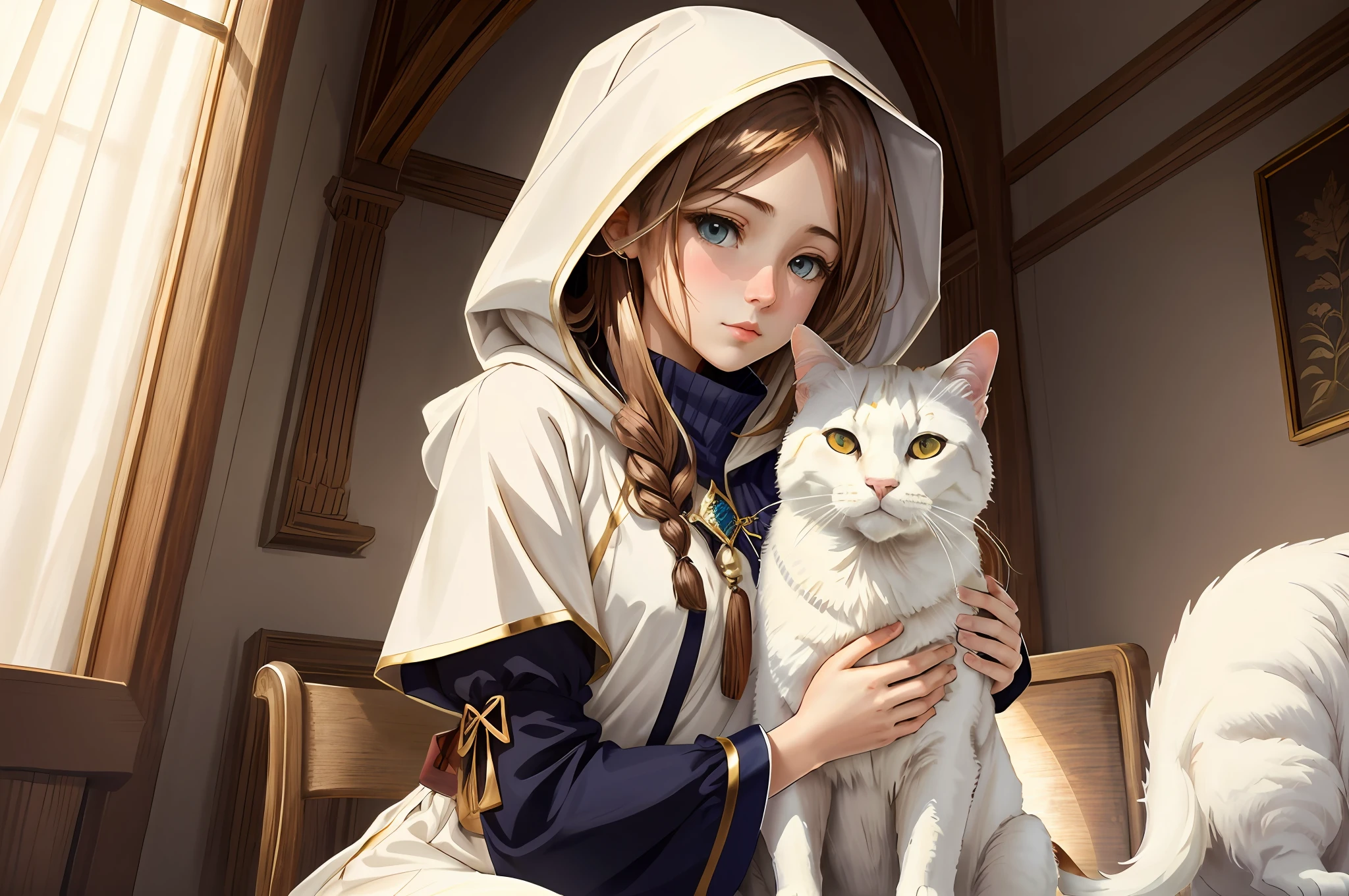 "A girl with flowing chestnut hair, perfect proportions, tenderly embracing a pure white cat, captivating gaze engaging with the viewer, adorned in a stylish hood, resplendent in an enchanting anime-inspired composition."
