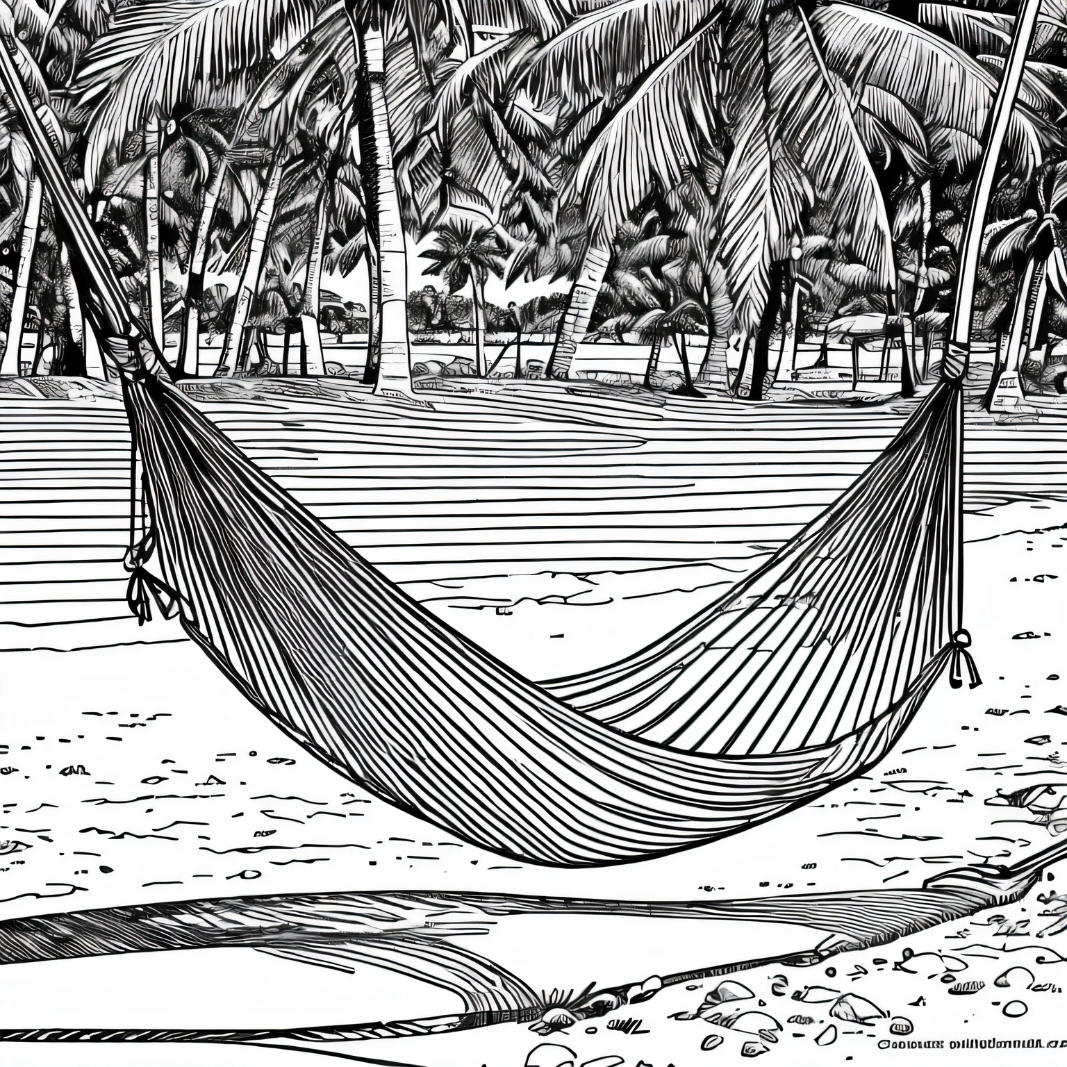 a hammock on the beach clean ink detailed line drawing, line - art, extremely fine ink line art, coloring book outline, perfect pen and ink line art, stylized linework, coloring book page, highly detailed linework, published art, very fine inking line --auto