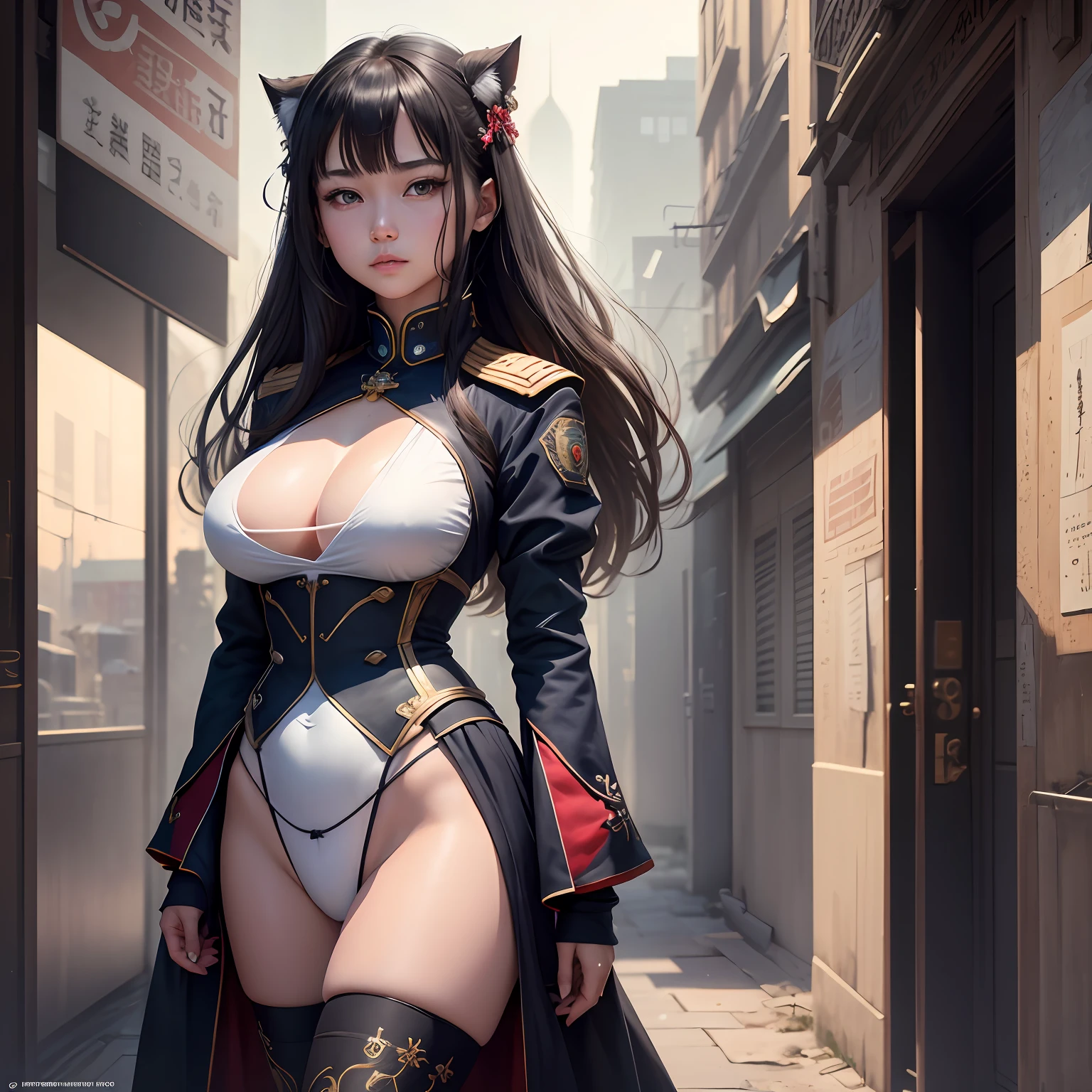 （1girl：1.3）， 独奏， （（（very vey very detailed face））），（（very detailed eyes and faces））），beatiful detailed eyes，Body parts__，offcial art，Unified 8k wallpaper，ultra-detailliert，Beautiful and beautiful，big breasts beautiful，tmasterpiece，best qualtiy，primitive，tmasterpiece，ultra fine photos，best qualtiy，超高分辨率，photorealistic realism，rays of sunshine，full-body portraits，stunningly beautiful，，dynamicposes，delicated face，vibrant eyes，（from the front side）， naval uniform，Red and black color scheme，navy，Very detailed city roof background， Roof，looking over city，详细的脸，detailed complex busy background，untidy，opulent，milkyW，highly detailedskin，Realistic details of skin，Visible pores，Clear focus，volume fog，8k uhd，digital SLR camera，high qulity，filmgrain，White skin of the，photo-realism，lomography，A huge metropolis of the dystopia of the future， semi transparent --auto