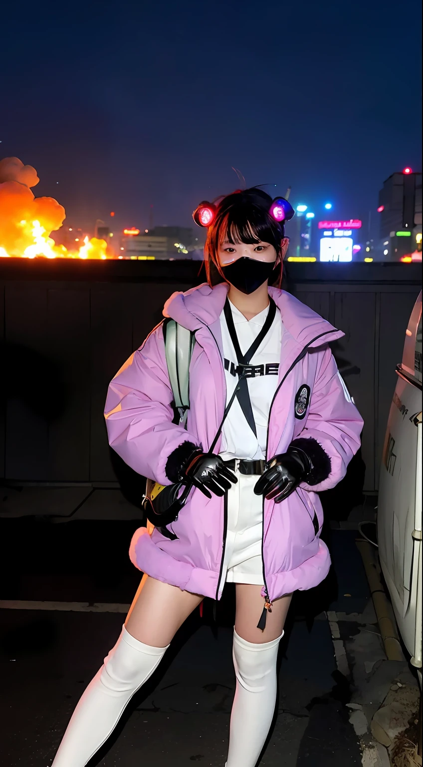 beautiful Girl、Neon sign-on in the background、gals、Large gas mask、fur-coat、dictator、Big dragon tattoo、Tattoos all over the body、Glowing headgear、On the rooftop、Huge background is a neon sign、Leather gloves、long boots、Holding a Japan sword、Baseball armor、insurrection、Nuclear power plant in the background、Terrorist groups、Fluorescence Headgear、short-haired、bleu hair、Ignite fire from a flamethrower、、14years、gas masks、 socks、Rooftop at night、City on fire in the background